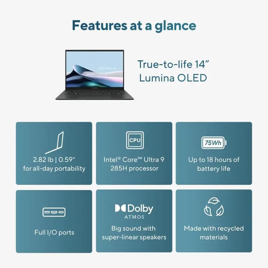 ASUS Zenbook 14 OLED 2025 Laptop, 16-Core Intel Core Ultra 7 255H, 14" WUXGA Touchscreen Display, Intel Arc 140T Graphics, 16GB LPDDR5 512GB SSD, Backlit Keyboard, Thunderbolt 4, Wi-Fi 7, Win11 Home, view 5