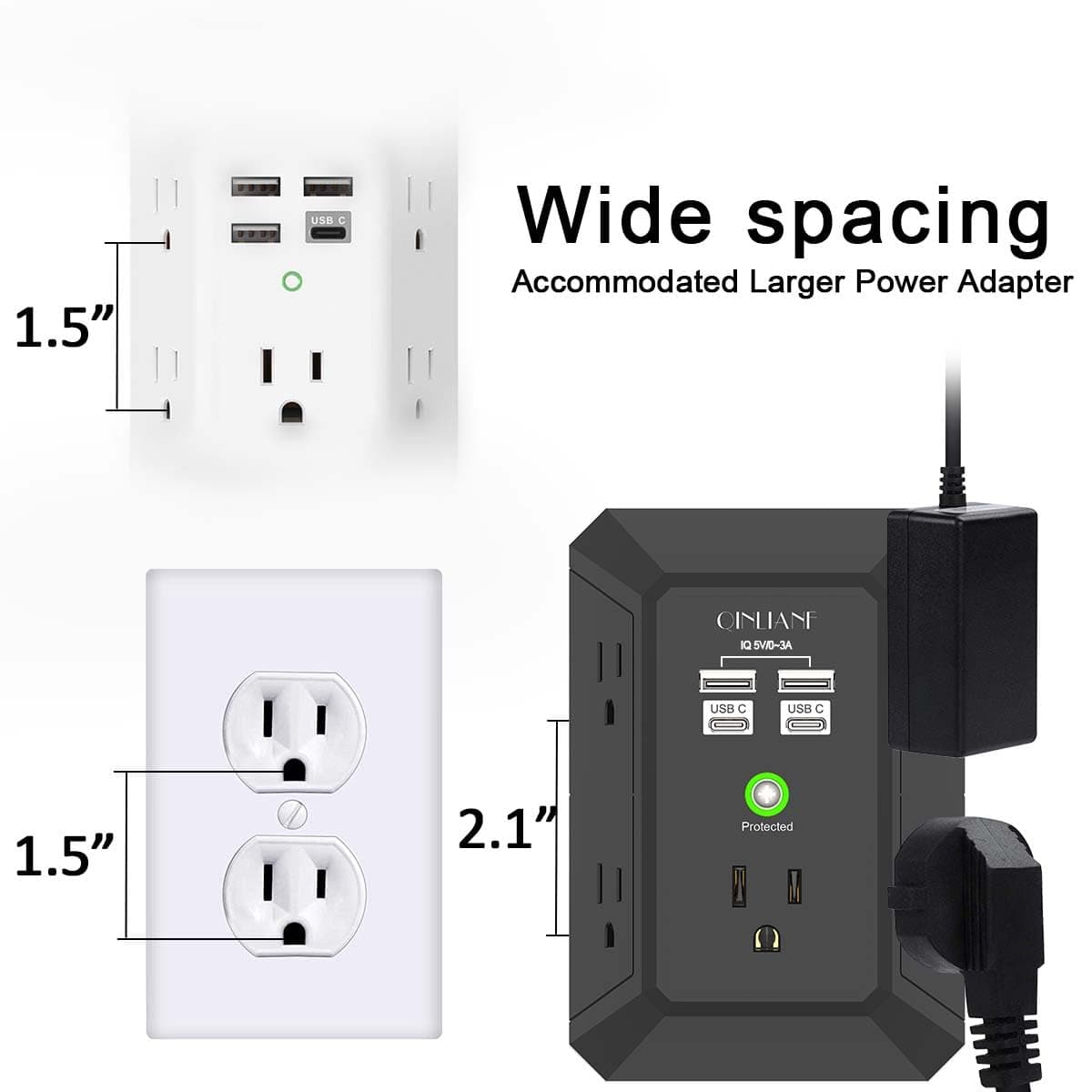 Surge Protector, QINLIANF 5 Outlet Extender with 4 USB Ports(2USB-C), view 5