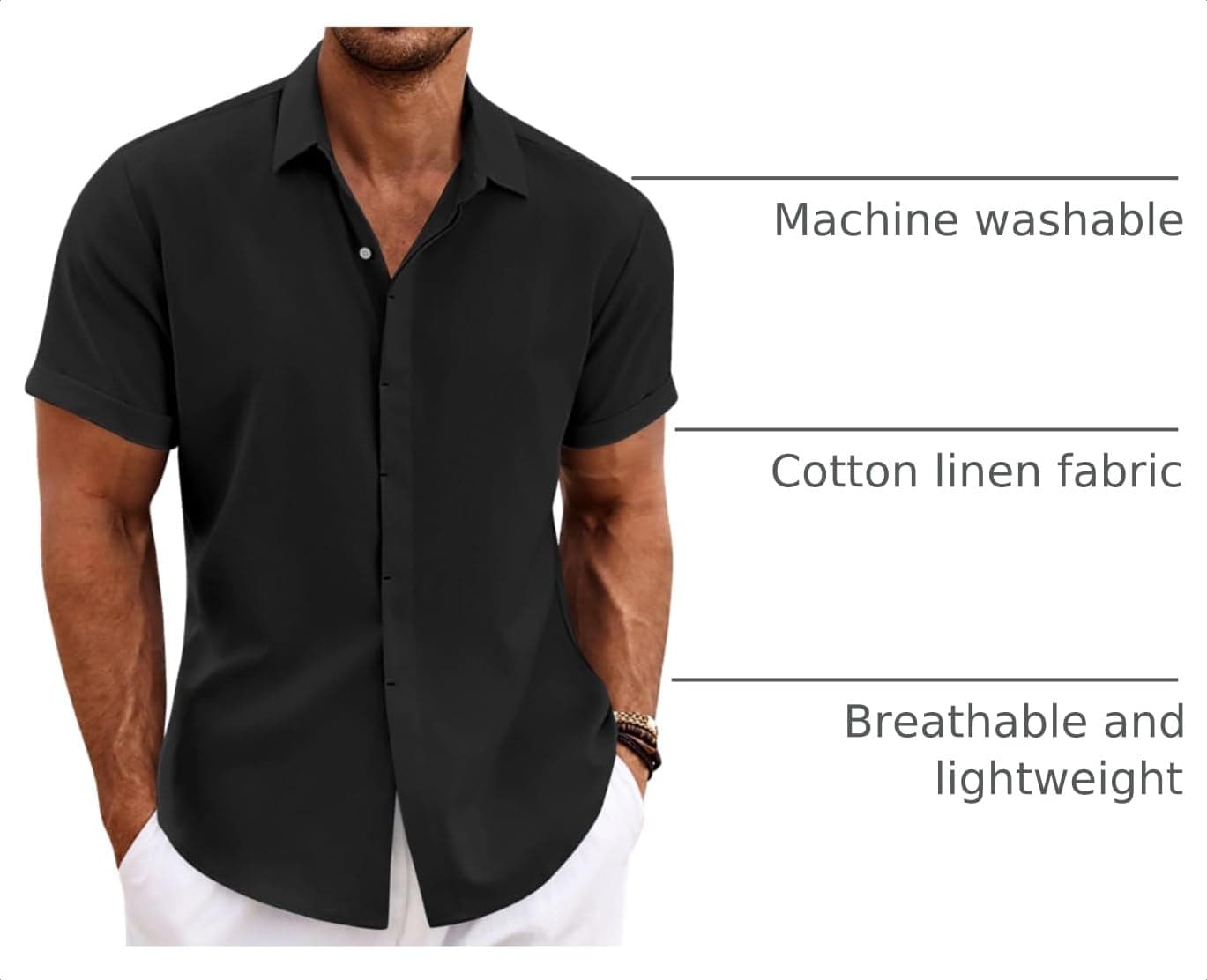 COOFANDY Men's Linen Shirts Short Sleeve Casual Shirts Button Down Shirt for Men Beach Summer Wedding Shirt Black, view 4