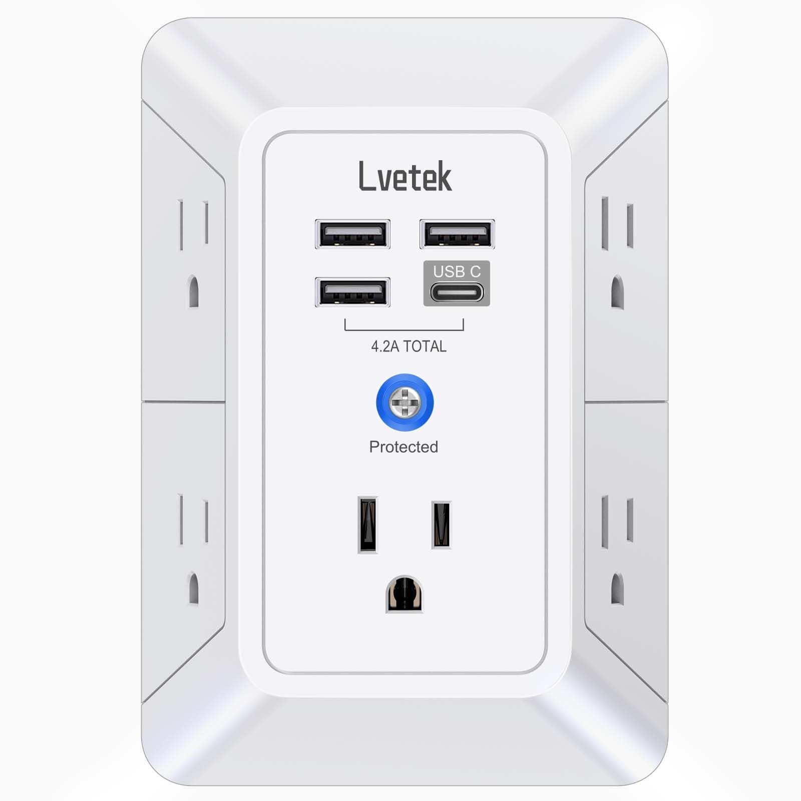 5 Outlet Extender Multi Plug Wall Outlets with 4 USB Charging Ports (1 USB C Outlet), 3 Sided 1680J Surge Protector Power Strip USB Wall Charger for Home, Office, Travel, ETL Listed, White