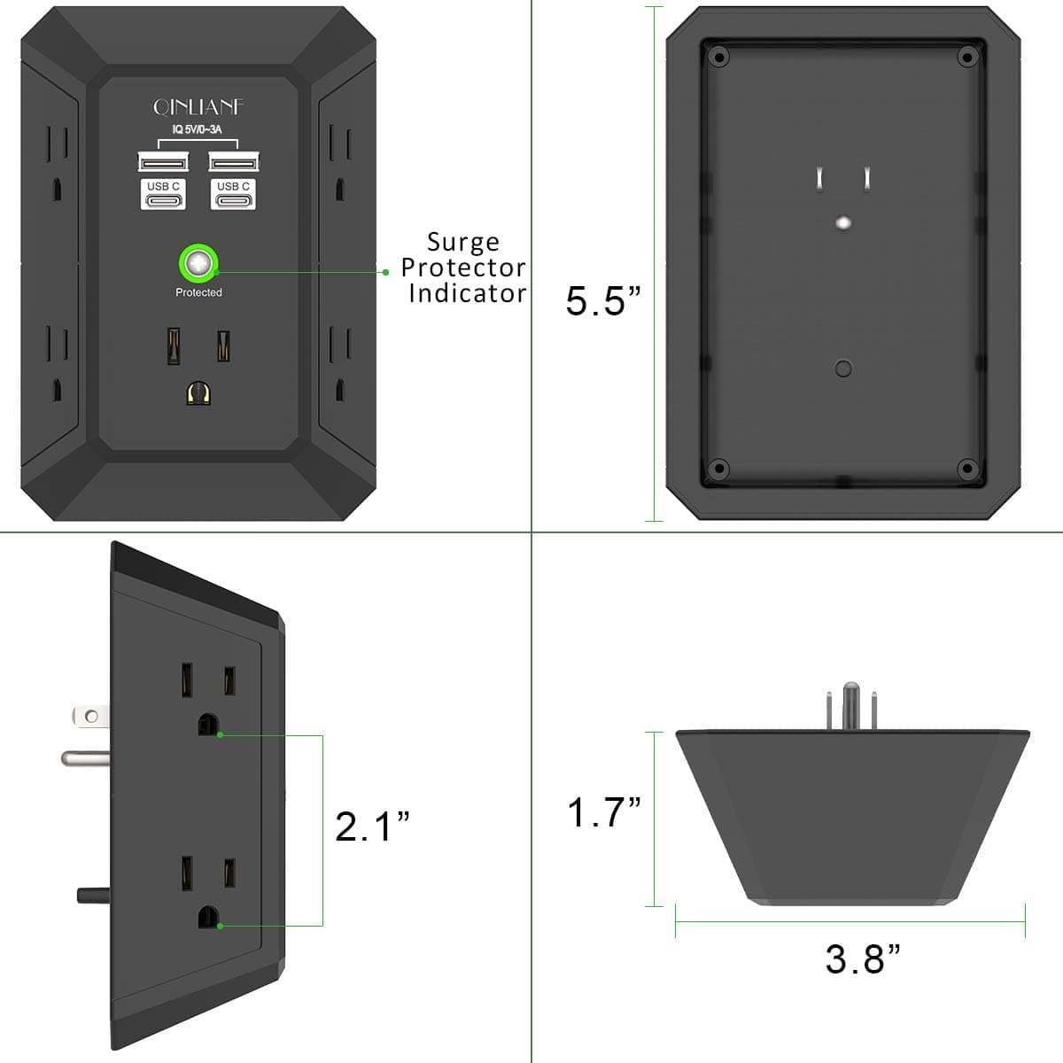 Surge Protector, QINLIANF 5 Outlet Extender with 4 USB Ports(2USB-C), view 7
