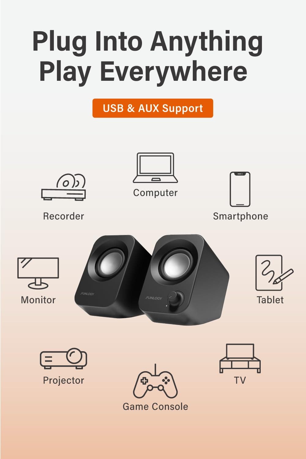 FUNLOGY Speaker - 14W Stereo PC Speakers, USB Powered, Compact Size with 30° Tilt Design, Volume Dial Control, for Desktop, Laptop, Monitor, Gaming Consoles, Black, view 4