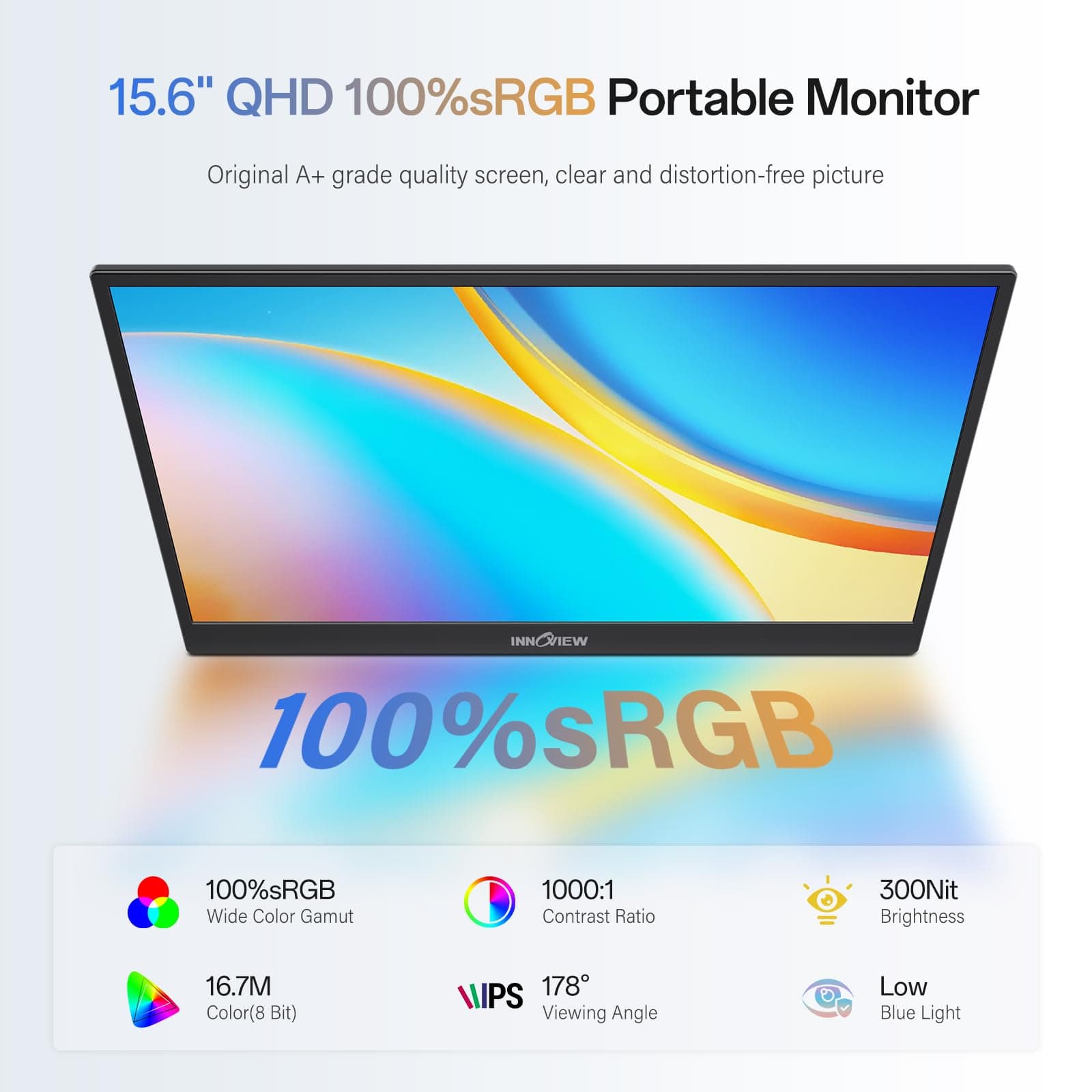 InnoView 2K Portable Monitor 15.6" QHD 100% sRGB, Built-in 180° Adjustable Stand Travel Monitor USB C Standard HDMI Ultra-Slim Portable Monitor for Laptop MacBook Phone PS5 Xbox Switch, view 2