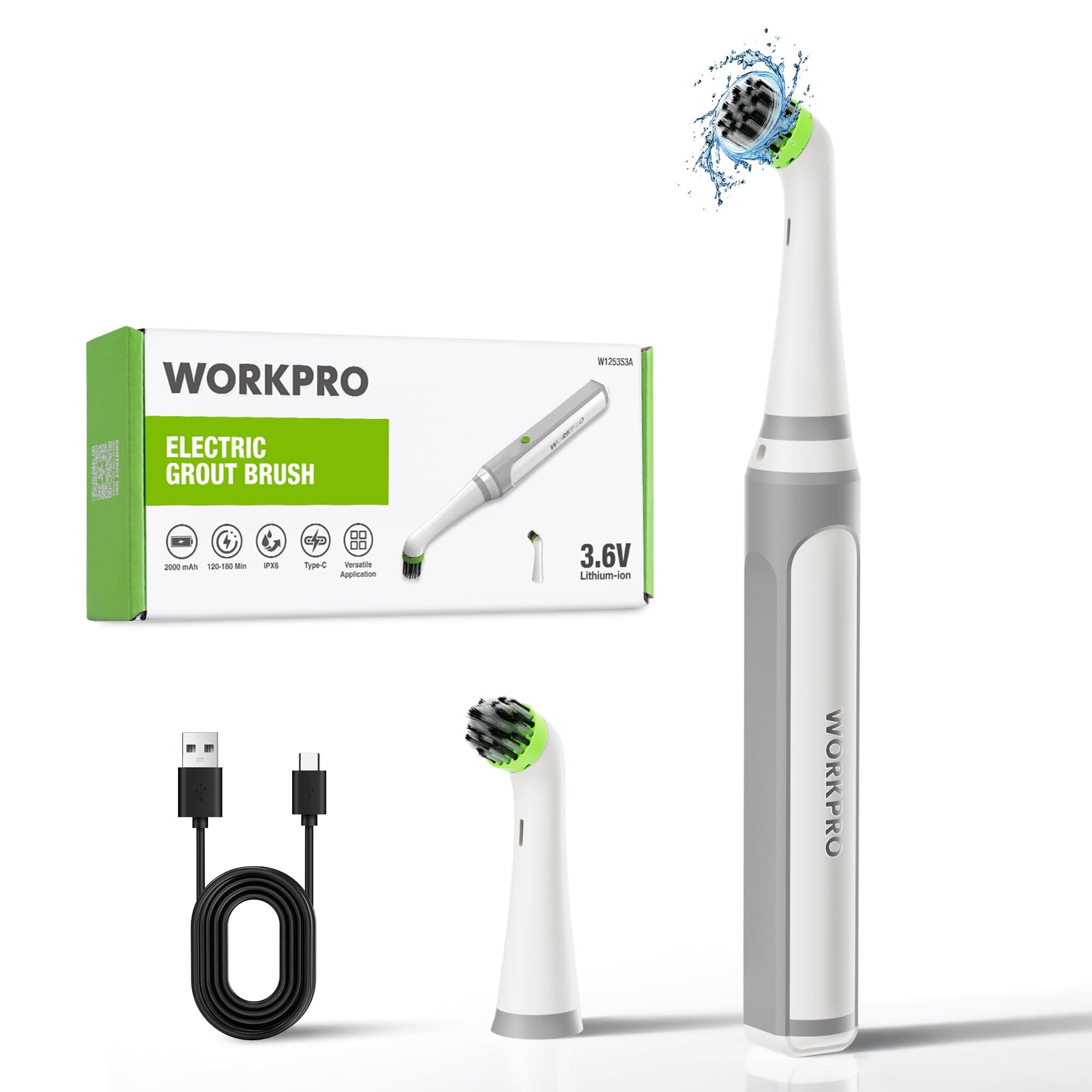 WORKPRO Cordless Grout Brush Set, 5500RPM Power Scrubber, IPX6 Waterproof Electric Scrubber with Type-C Charging Cable and Replaceable Brush Heads for Cleaning Grout, Tiles, Grime, and Crevices, TickClip Skip verdict