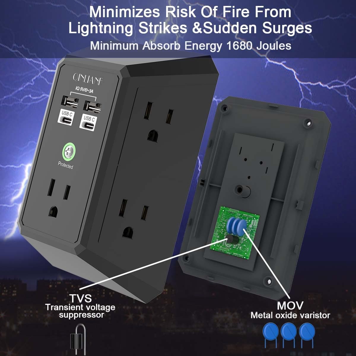 Surge Protector, QINLIANF 5 Outlet Extender with 4 USB Ports(2USB-C), view 6
