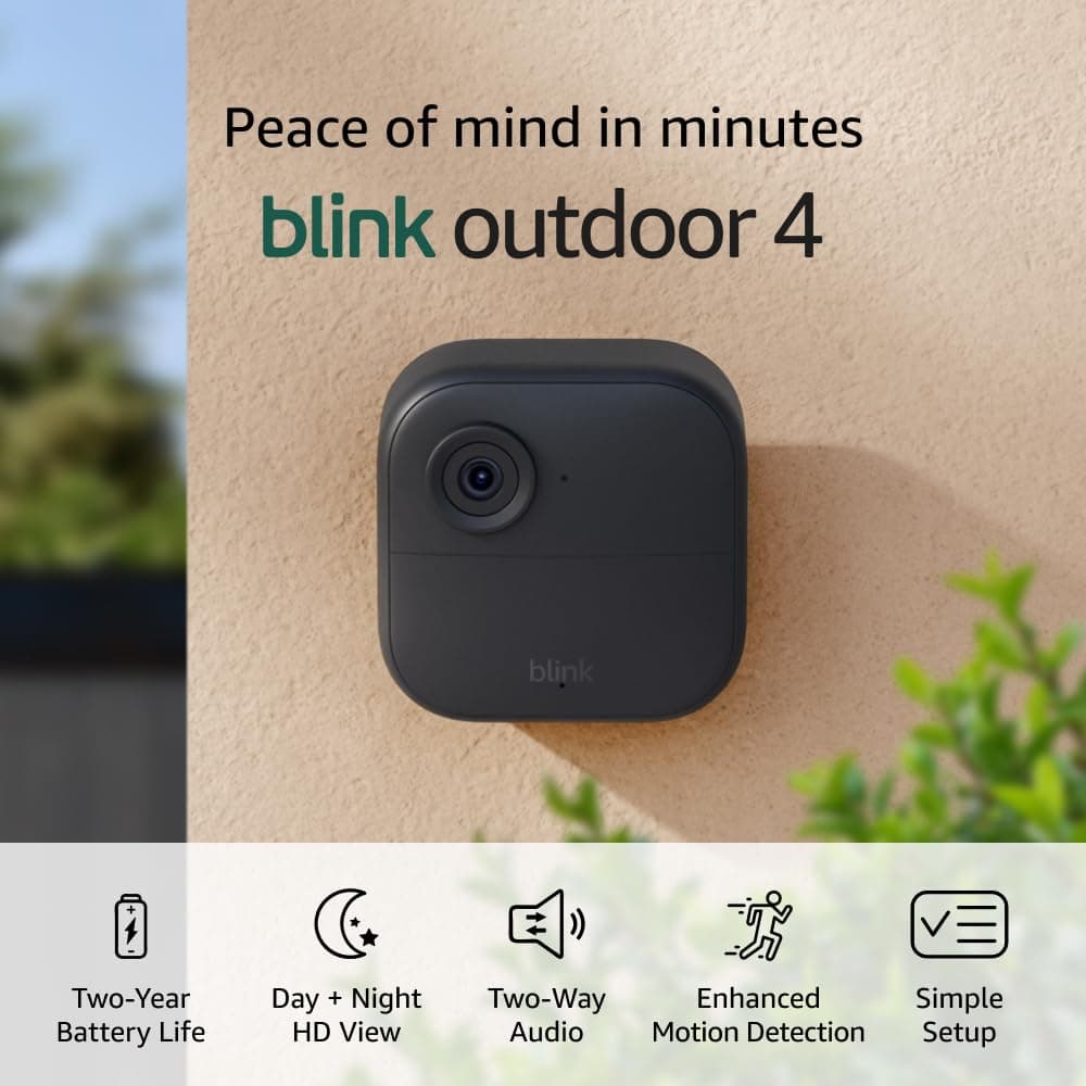 Blink Outdoor 4 – Wireless smart security camera, two-year battery life, 1080p HD day and infrared night live view, two-way talk. Sync Module Core included – 3 camera system, view 2