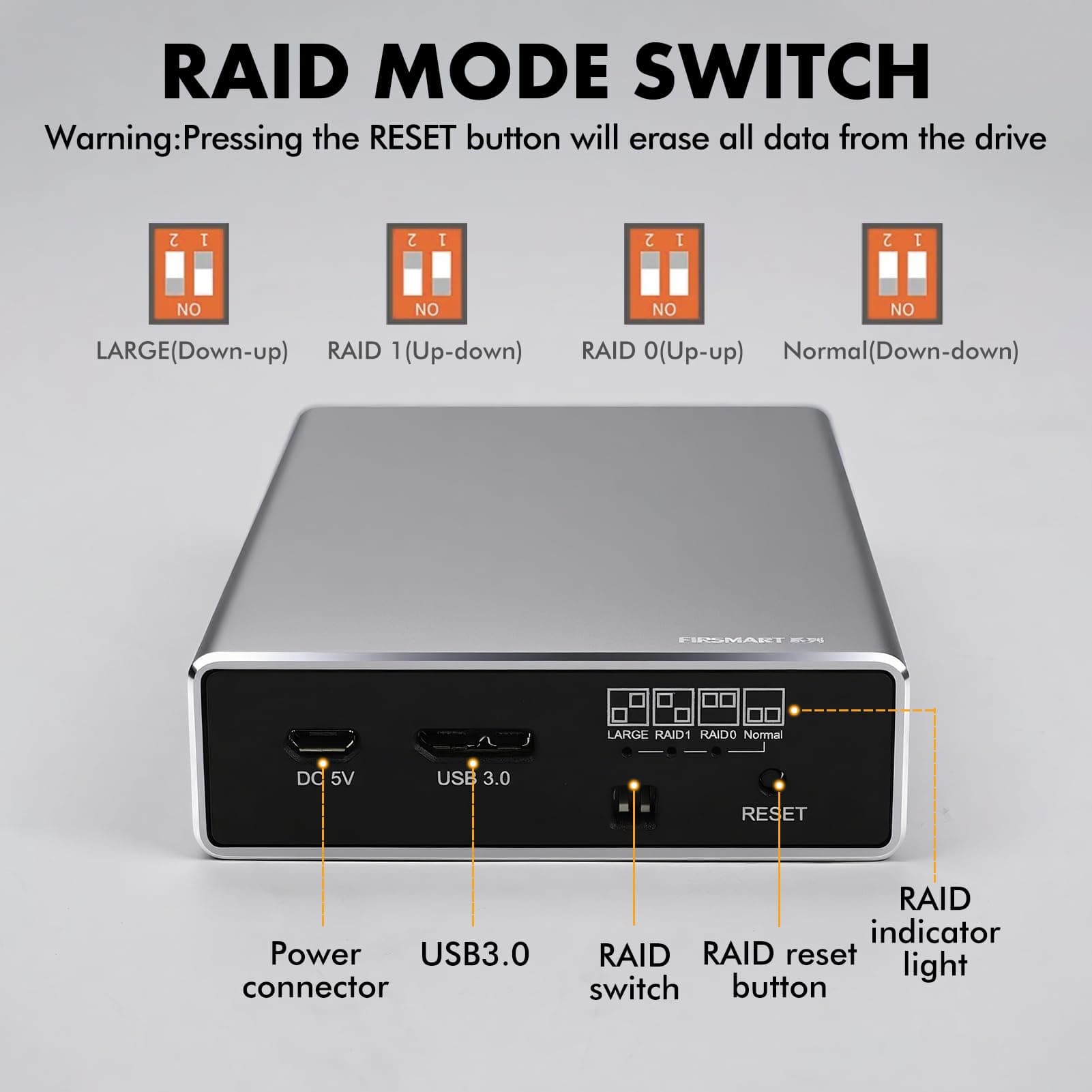 Ticfox 2 Bay RAID Enclosure for 2.5" SATA SSDs and HDDs, USB 3.0 Gen 2 5Gbps with UASP, RAID 0/1/JBOD/PM, 12TB Capacity, External Aluminum Hard Drive Enclosure, view 4