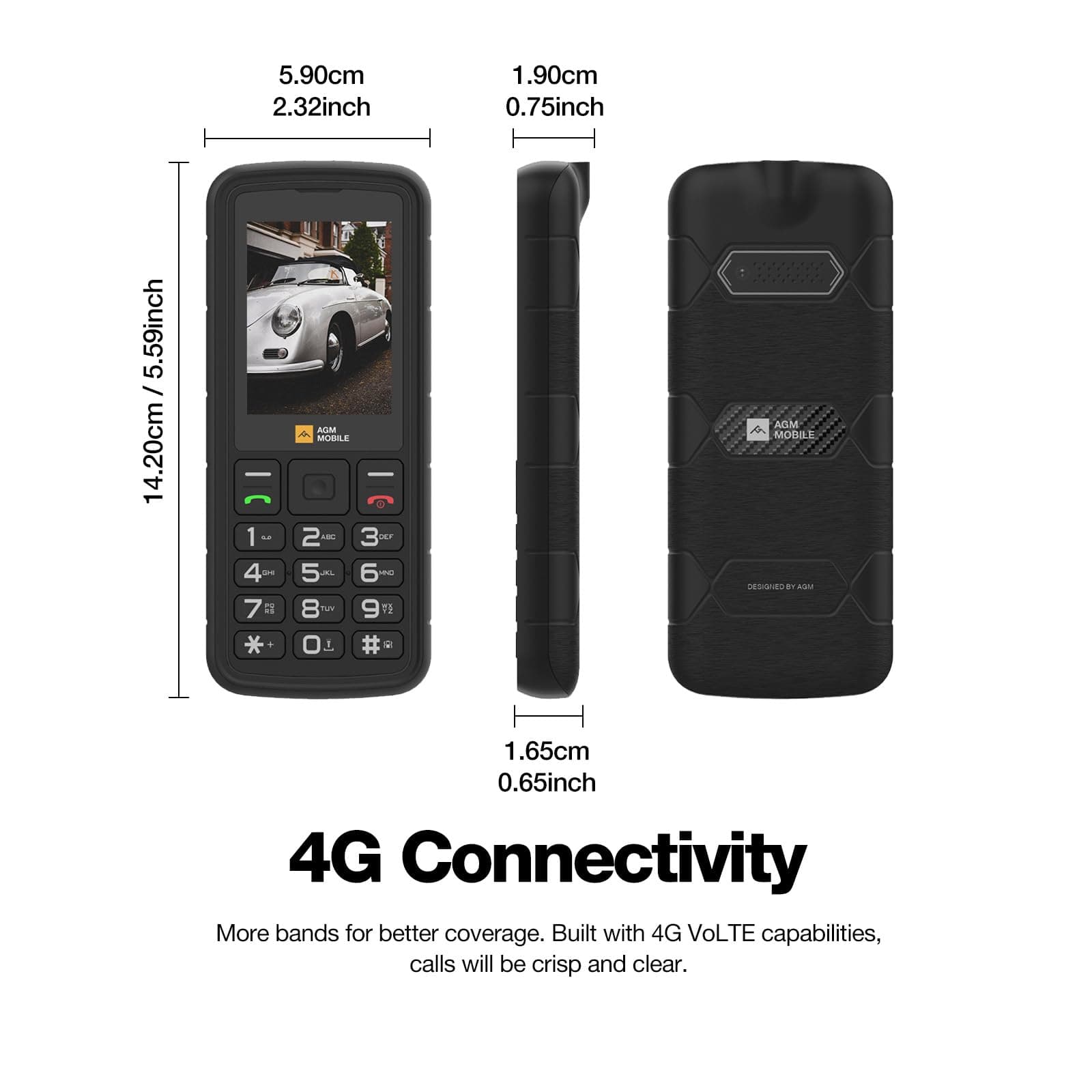 AGM M9 Rugged Feature Phone, 4G Basic Cell Phone, Simple Mobile Phone, Waterproof & Drop-Proof, Large Buttons, Large Fonts, Speed Dial, 3 Card Slots, FM Radio, Flashlight, 1200mAh, for T-Mobile ONLY, view 3