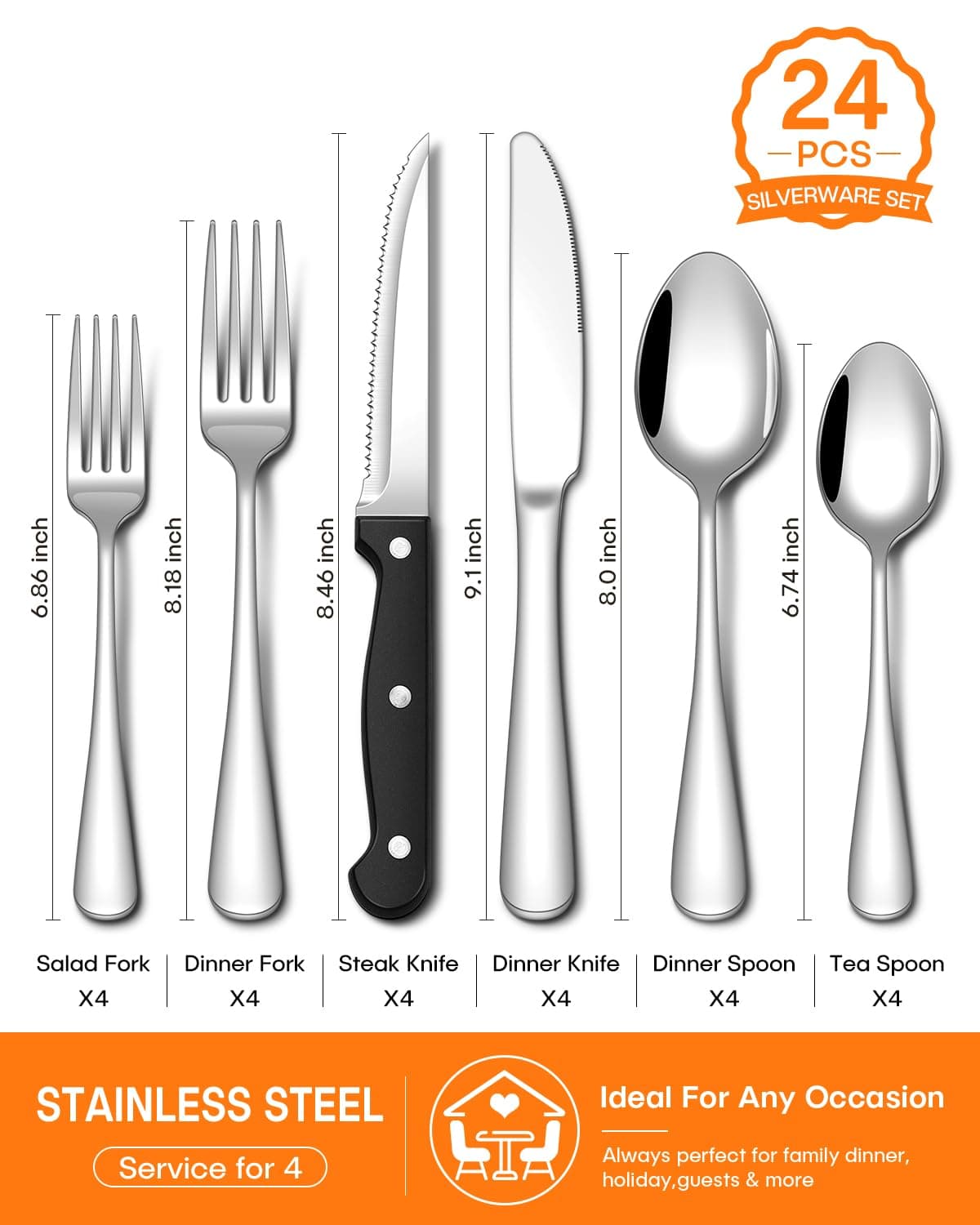 EUIRIO 24 Piece Silverware Set with Steak Knives Food Grade Stainless Steel Flatware Set for 4 Cutlery Utensil Set Includes Knife Mirror Polished Dishwasher Safe for Home Restaurant, view 2