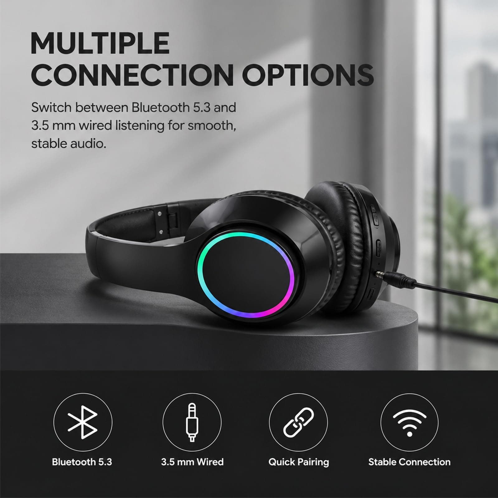 CYSRALFC Bluetooth Headphones, Over Ear Wireless Headphones, RGB Light, Foldable Lightweight Headset with Microphone, Wireless Headphones for Cell Phone, Music, Gaming, School, Home Office, view 6