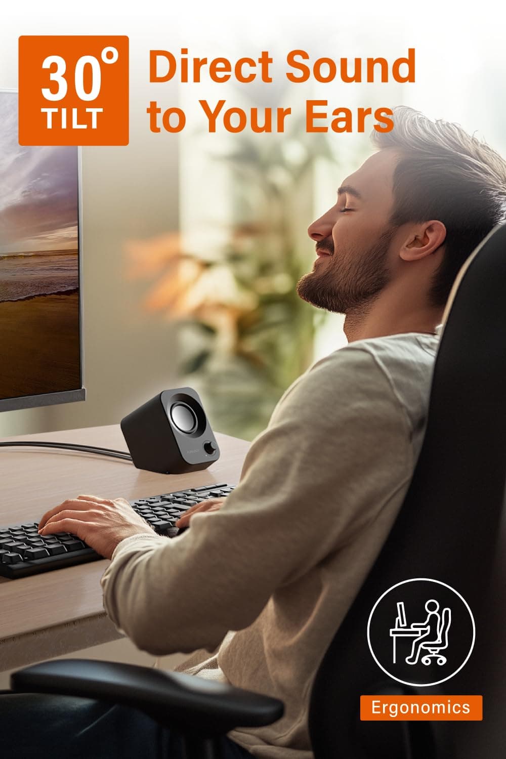 FUNLOGY Speaker - 14W Stereo PC Speakers, USB Powered, Compact Size with 30° Tilt Design, Volume Dial Control, for Desktop, Laptop, Monitor, Gaming Consoles, Black, view 2