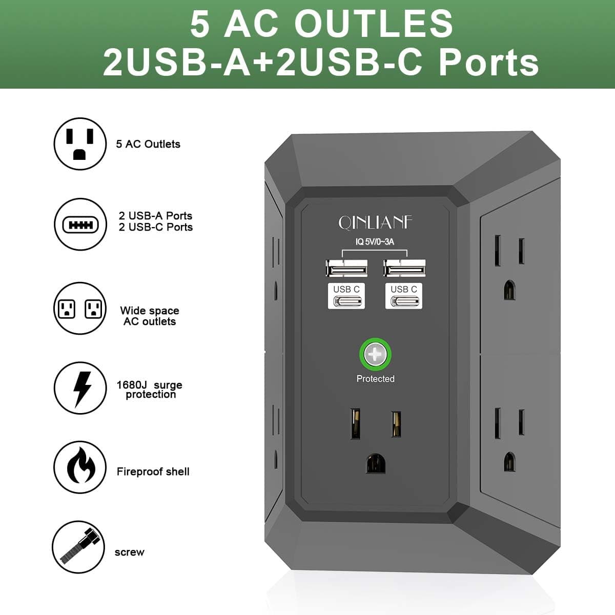 Surge Protector, QINLIANF 5 Outlet Extender with 4 USB Ports(2USB-C), view 2