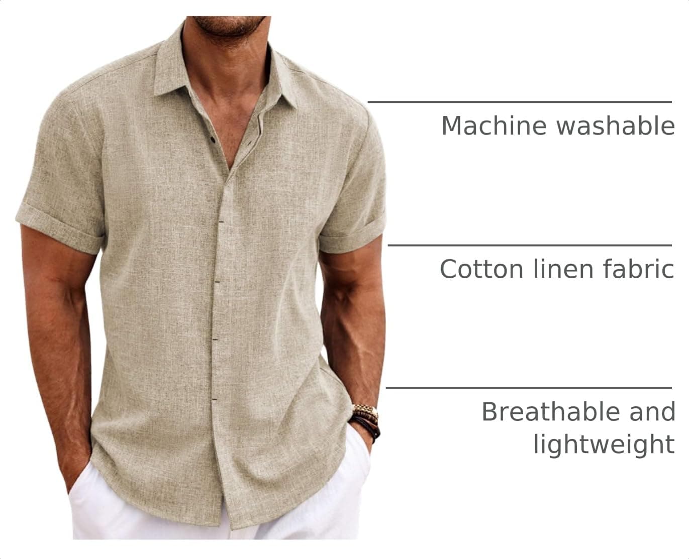 COOFANDY Men's Linen Shirts Short Sleeve Casual Button Down Shirt for Men Untucked Shirt Summer Vacation Khaki, view 4
