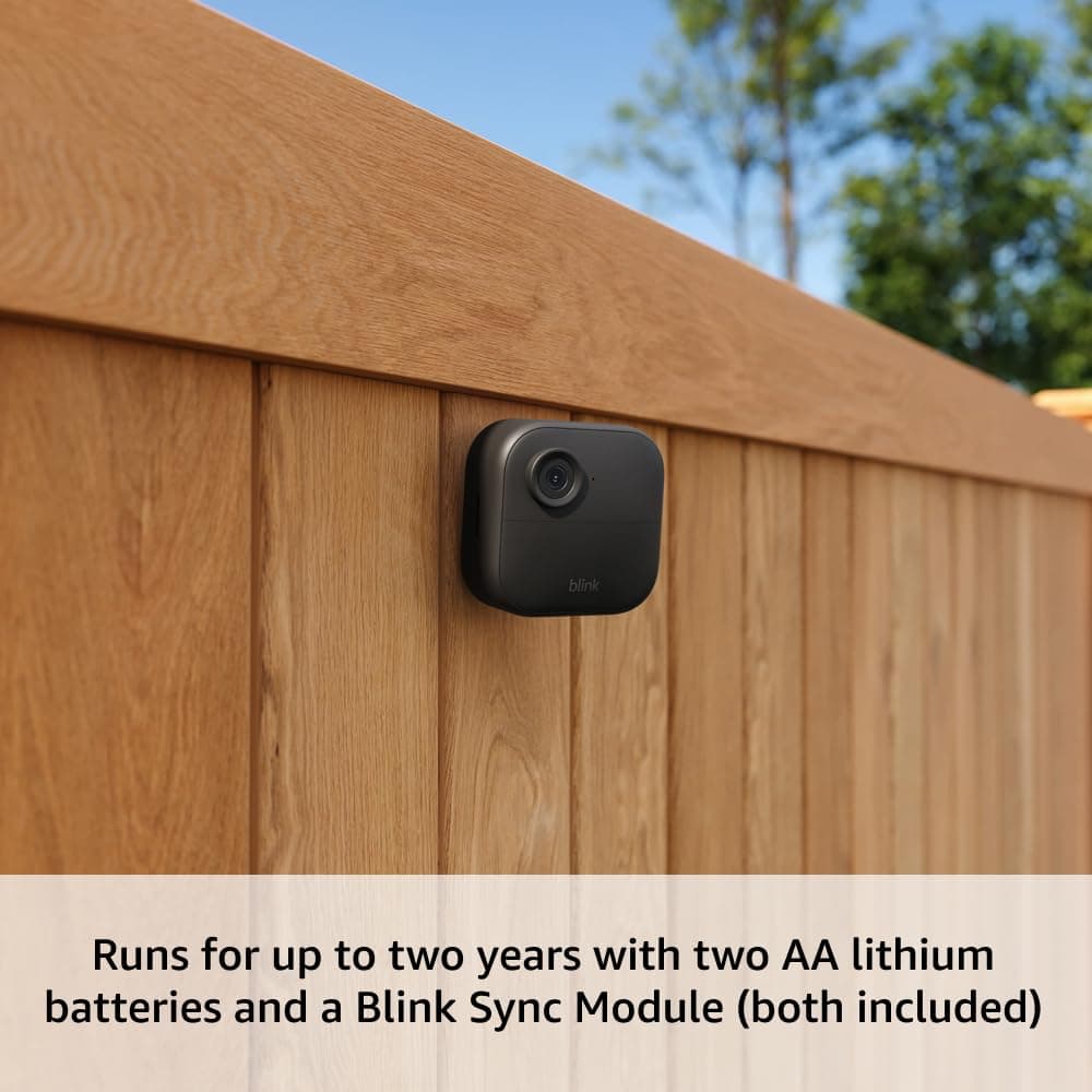 Blink Outdoor 4 – Wireless smart security camera, two-year battery life, 1080p HD day and infrared night live view, two-way talk. Sync Module Core included – 3 camera system, view 3