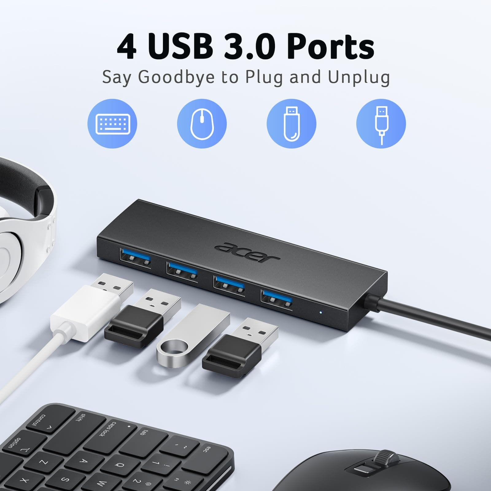 Acer USB Hub 4 Ports, Multiple USB 3.0 Hub, USBA Splitter for Laptop/PC 2FT, view 2