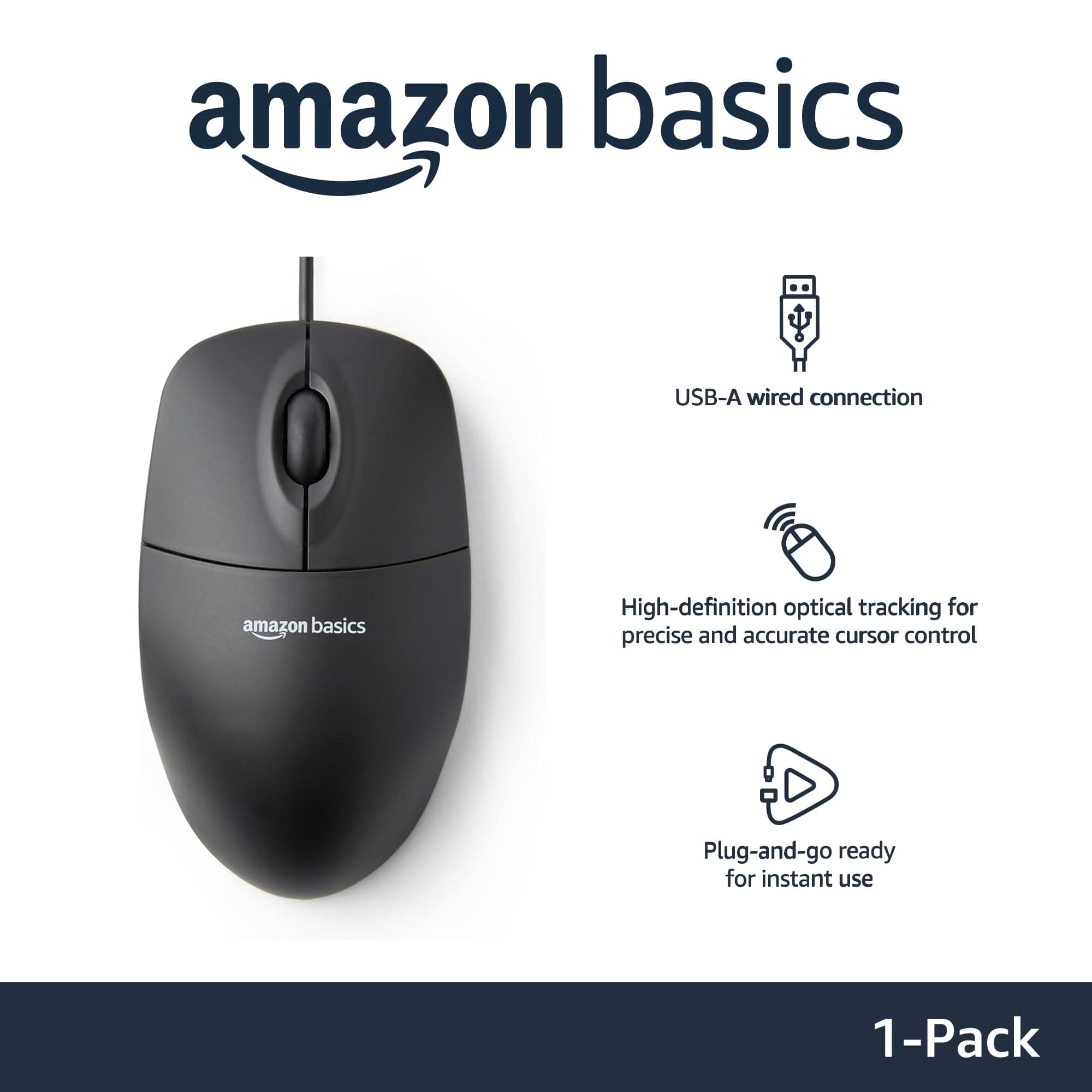 Amazon Basics 3-Button USB Wired Mouse with Responsive Tracking, Plug & Play, Compatible with Windows and Mac, Black, view 2