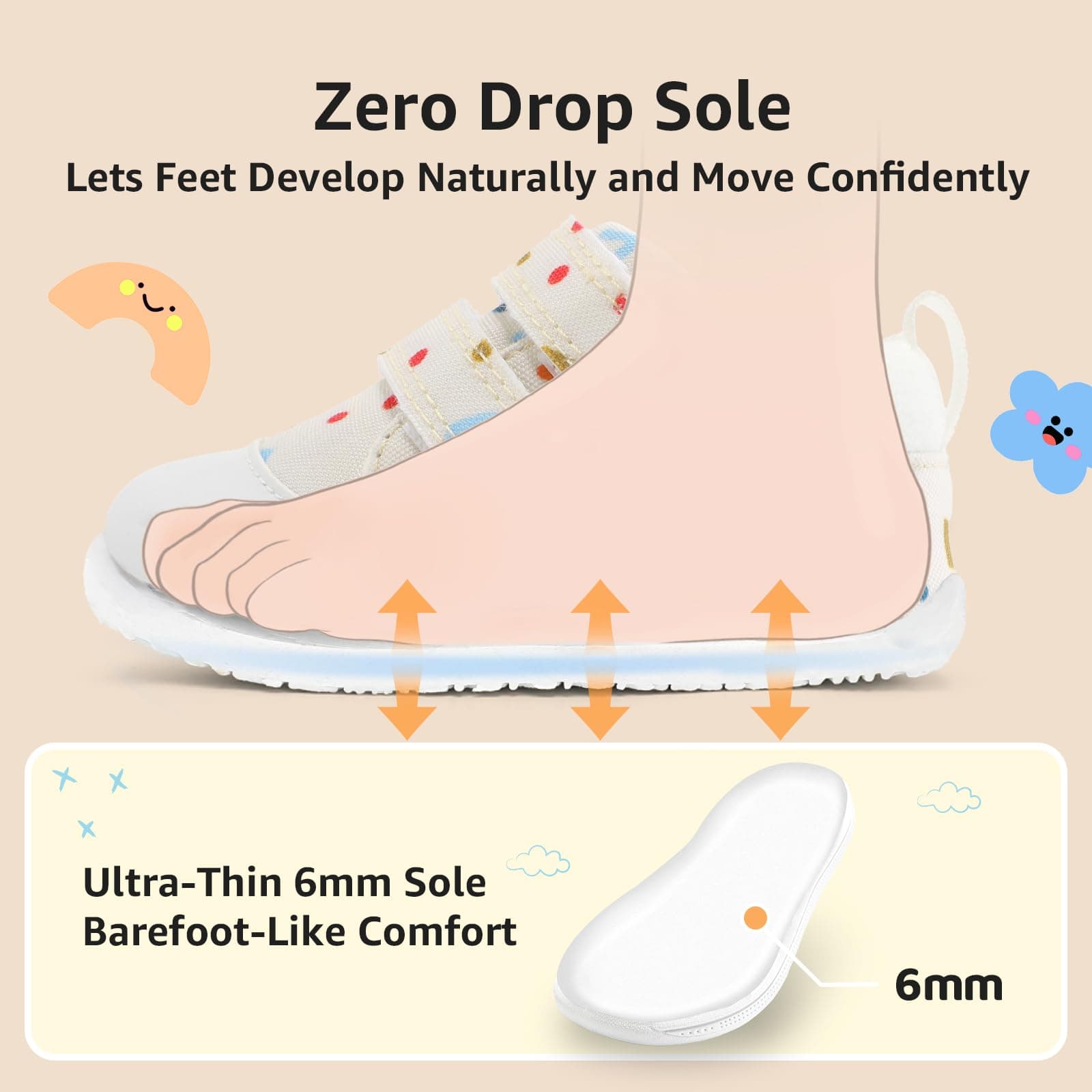 noorkiz Baby First Walking Shoes Wide Toe Box Barefoot Beige White Size 5, view 7