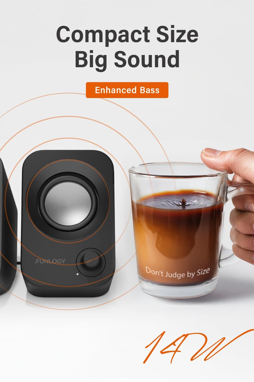 FUNLOGY Speaker - 14W Stereo PC Speakers, USB Powered, Compact Size with 30° Tilt Design, Volume Dial Control, for Desktop, Laptop, Monitor, Gaming Consoles, Black, view 3
