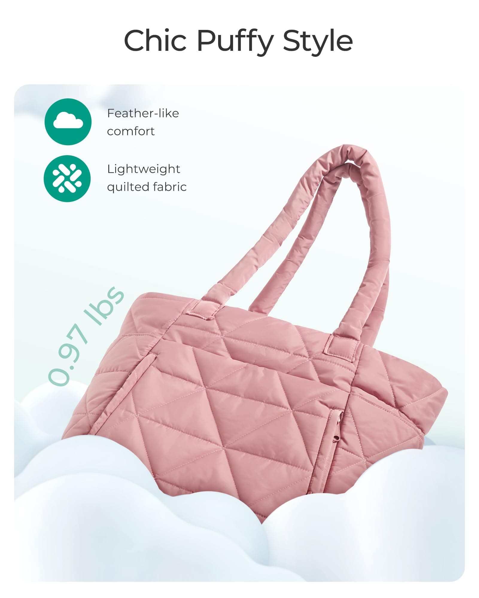 BAGSMART Tote Bag for Women, Puffy Tote Bag with Zipper, Large Quilted Shoulder Bag with Compartments for Travel, Work, Gym (Dark Pink), view 6