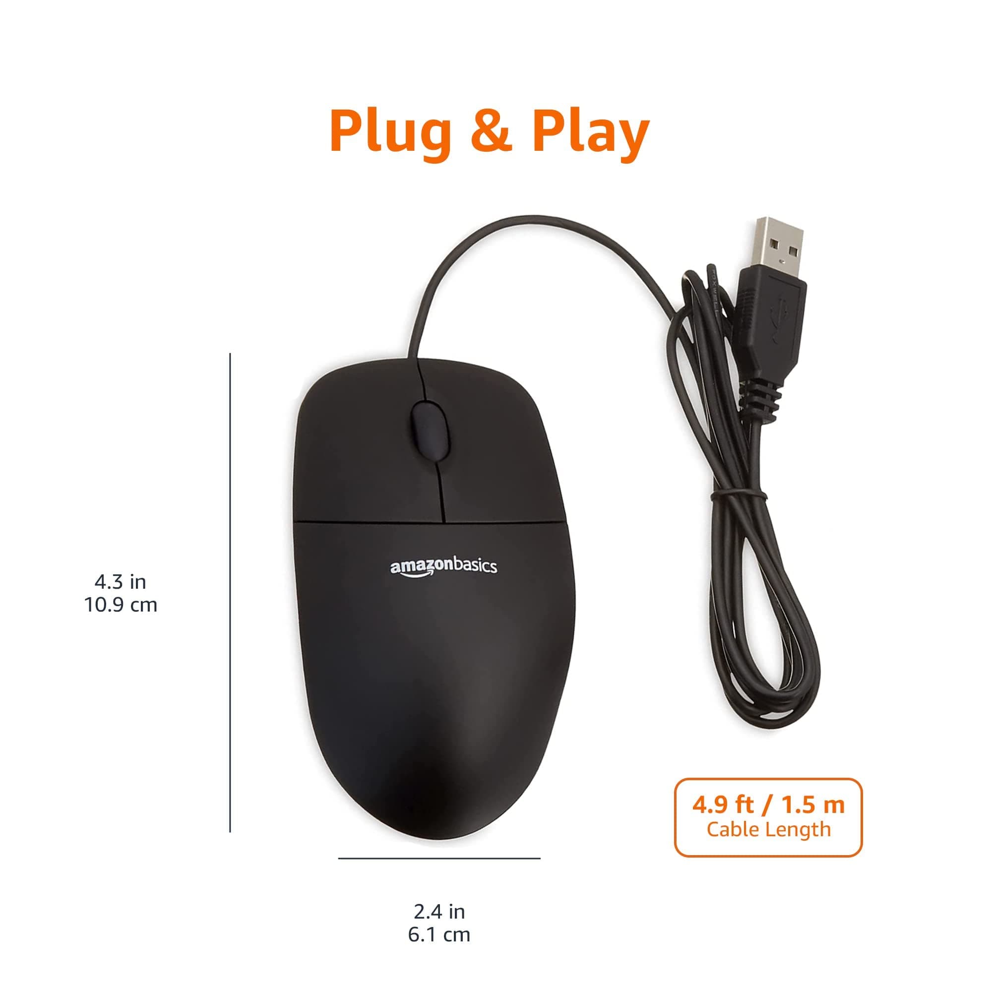 Amazon Basics 3-Button USB Wired Mouse with Responsive Tracking, Plug & Play, Compatible with Windows and Mac, Black, view 5