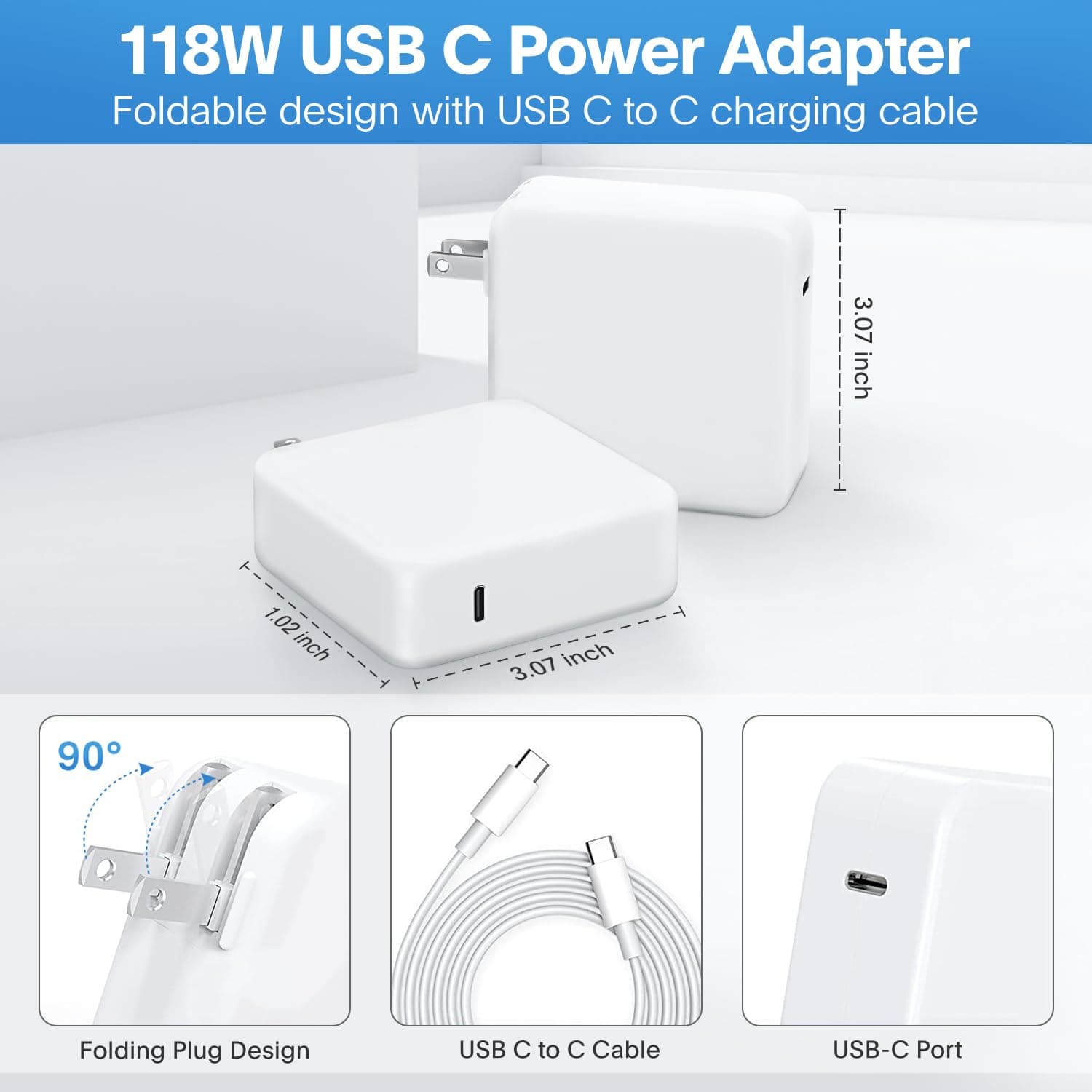 Mac Book Pro Charger - 118W USB C Charger Fast Charger Compatible with MacBook Pro/Air, M1 M2 M3 M4 M5, ipad Pro, Samsung Galaxy and More, Include Charge Cable, view 7