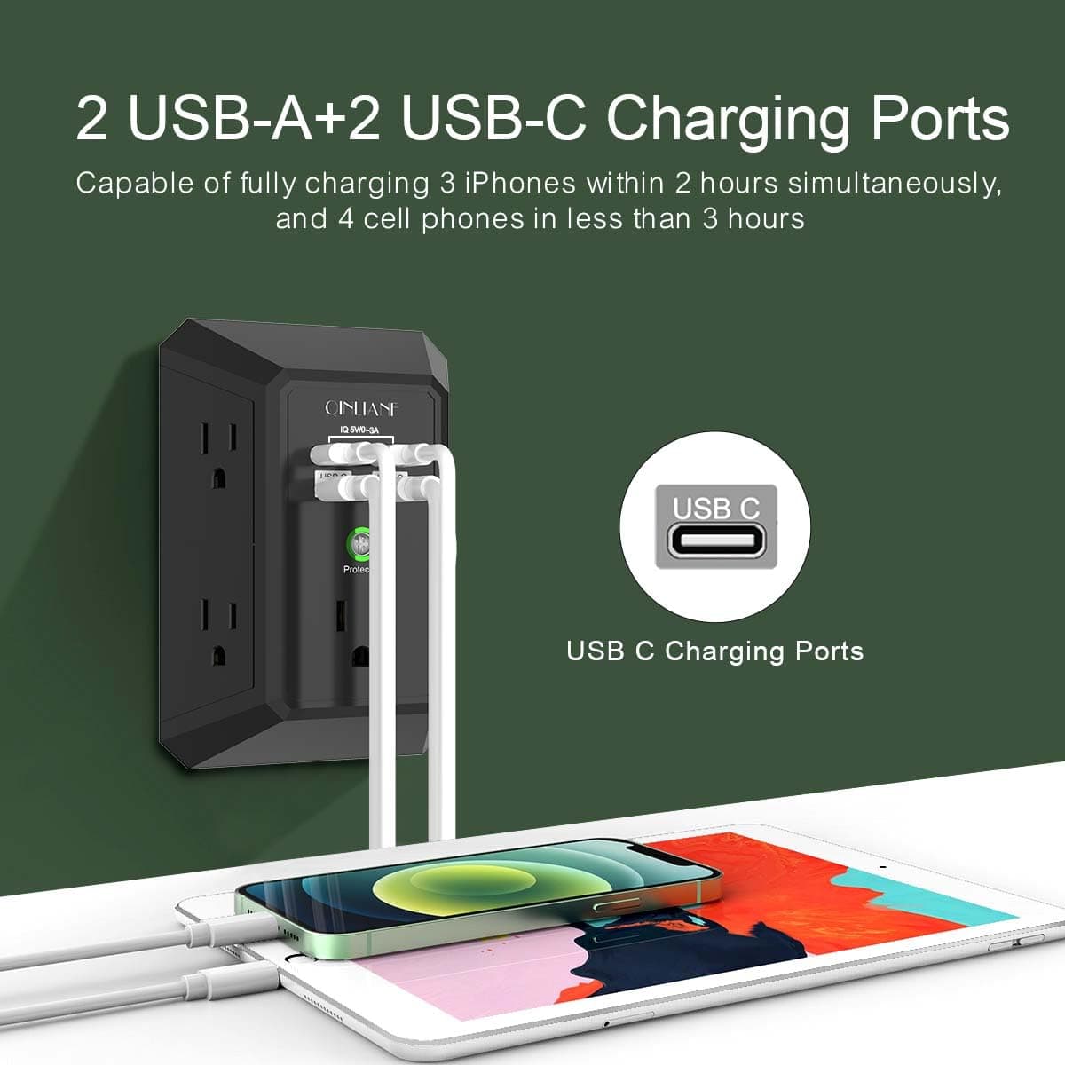 Surge Protector, QINLIANF 5 Outlet Extender with 4 USB Ports(2USB-C), view 4