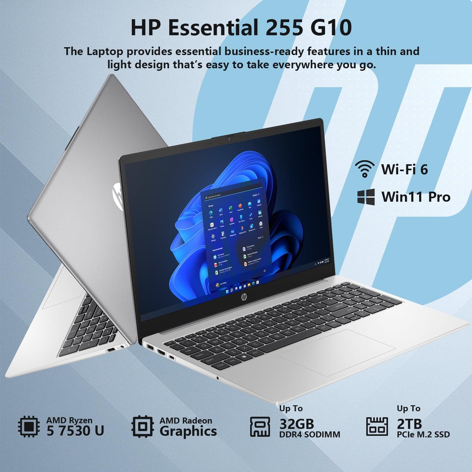 HP 255 G10 Laptop, 15.6" FHD Display, AMD Ryzen 5 7530U, 32GB RAM, 1TB SSD, Windows 11 Pro, Business Laptop for Office, School, and Daily Use, Work and Entertainment, Silver, view 2