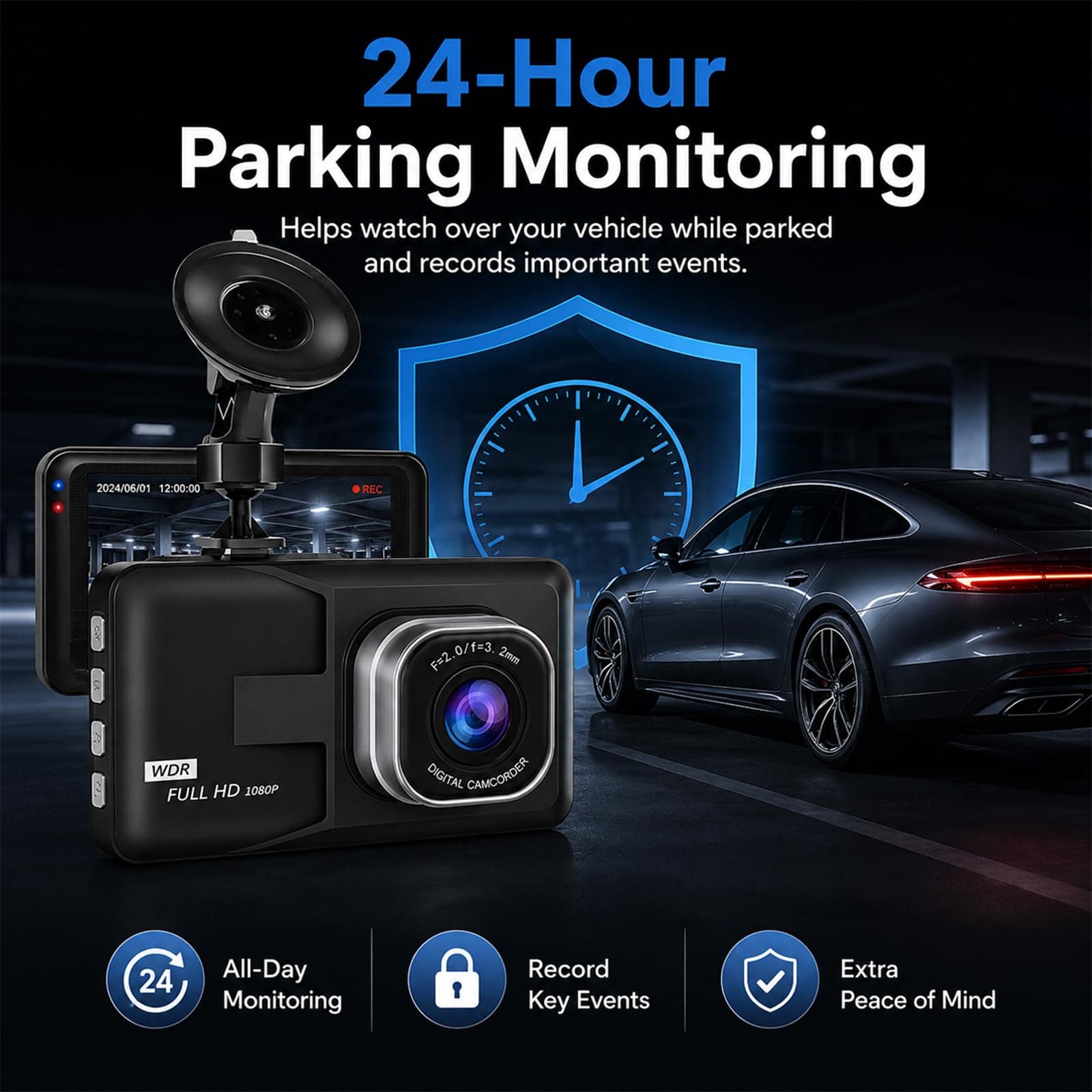 3-inch 1080p High-Definition Dash cam for Cars, 24 Hour Recording, 170° Large Wide-Angle,Super Night Vision, G-Sensor Parking Monitoring Loop Video Motion Detection, view 5