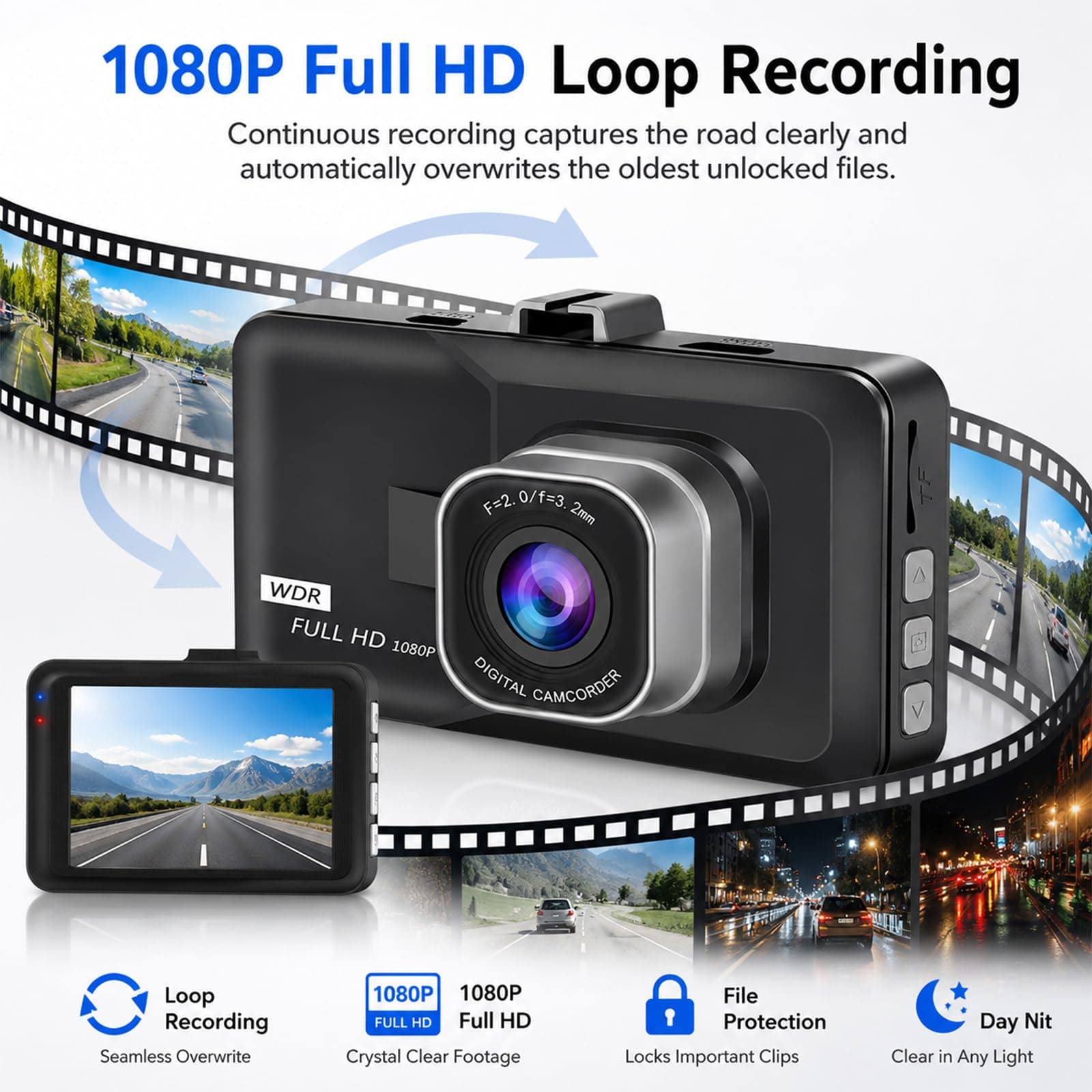 3-inch 1080p High-Definition Dash cam for Cars, 24 Hour Recording, 170° Large Wide-Angle,Super Night Vision, G-Sensor Parking Monitoring Loop Video Motion Detection, view 2