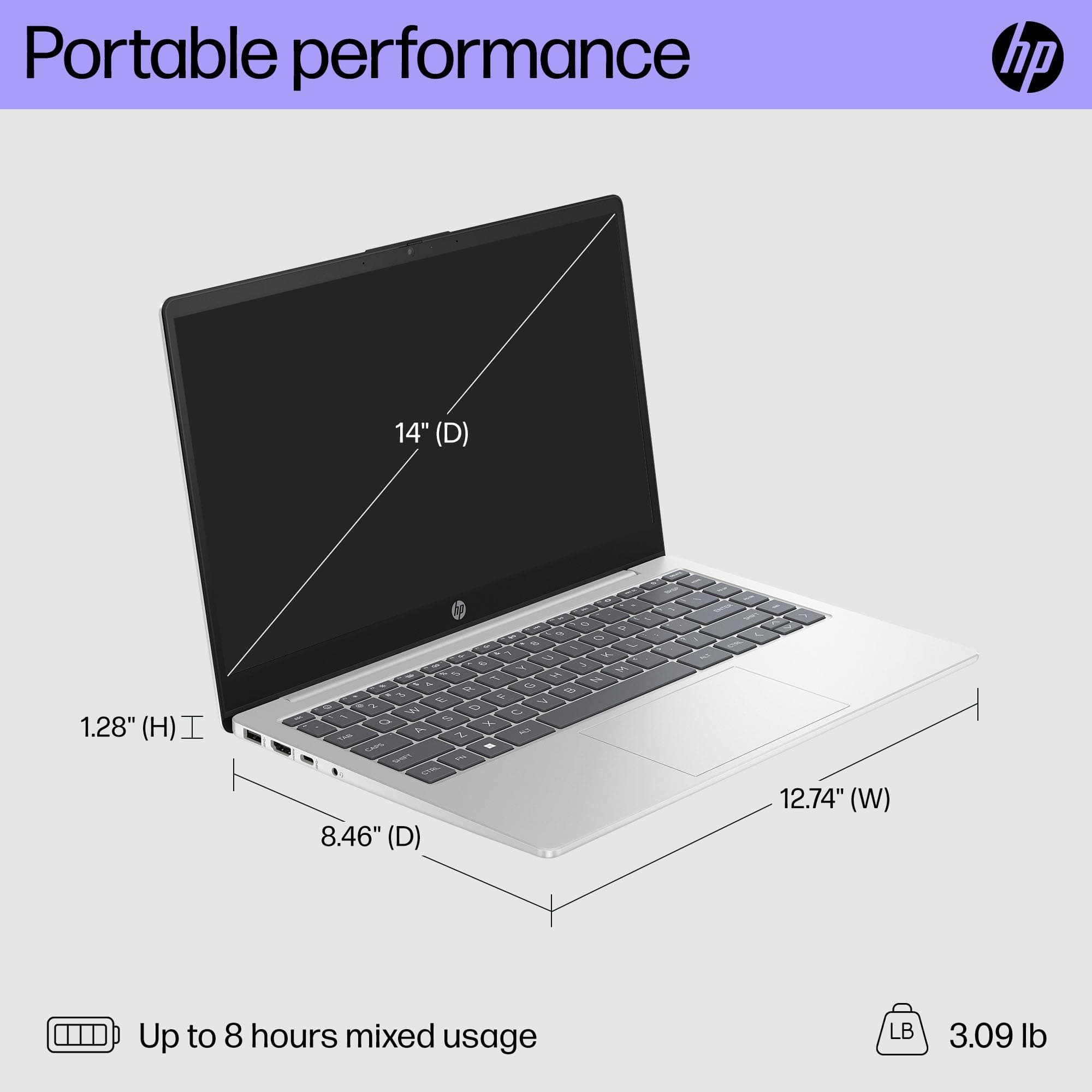 HP 14 inch Laptop, FHD Display, 13th Generation Intel Core i7-1355U, 16 GB RAM, 512 GB SSD, Intel Iris Xe Graphics, Windows 11 Home, 14-ep0199nr (2024), view 5