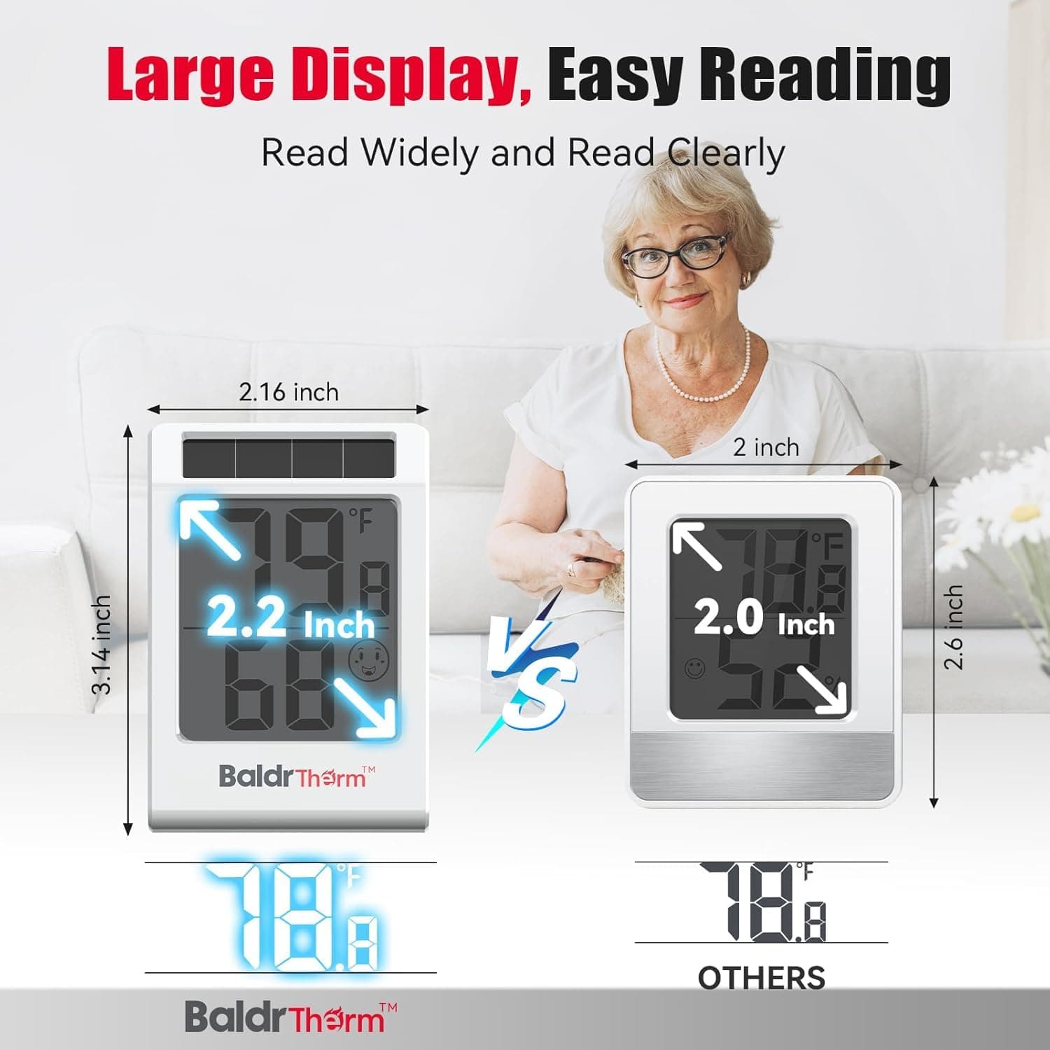 2.2'' Digital Thermometer and Hygrometer Meter, Solar-Powered Indoor Temperature Sensor Humidity Monitor, Humidity Gauge for Baby Rooms, Bedrooms, Home, Office, and Wine Cellars, White, 2Pack, view 4