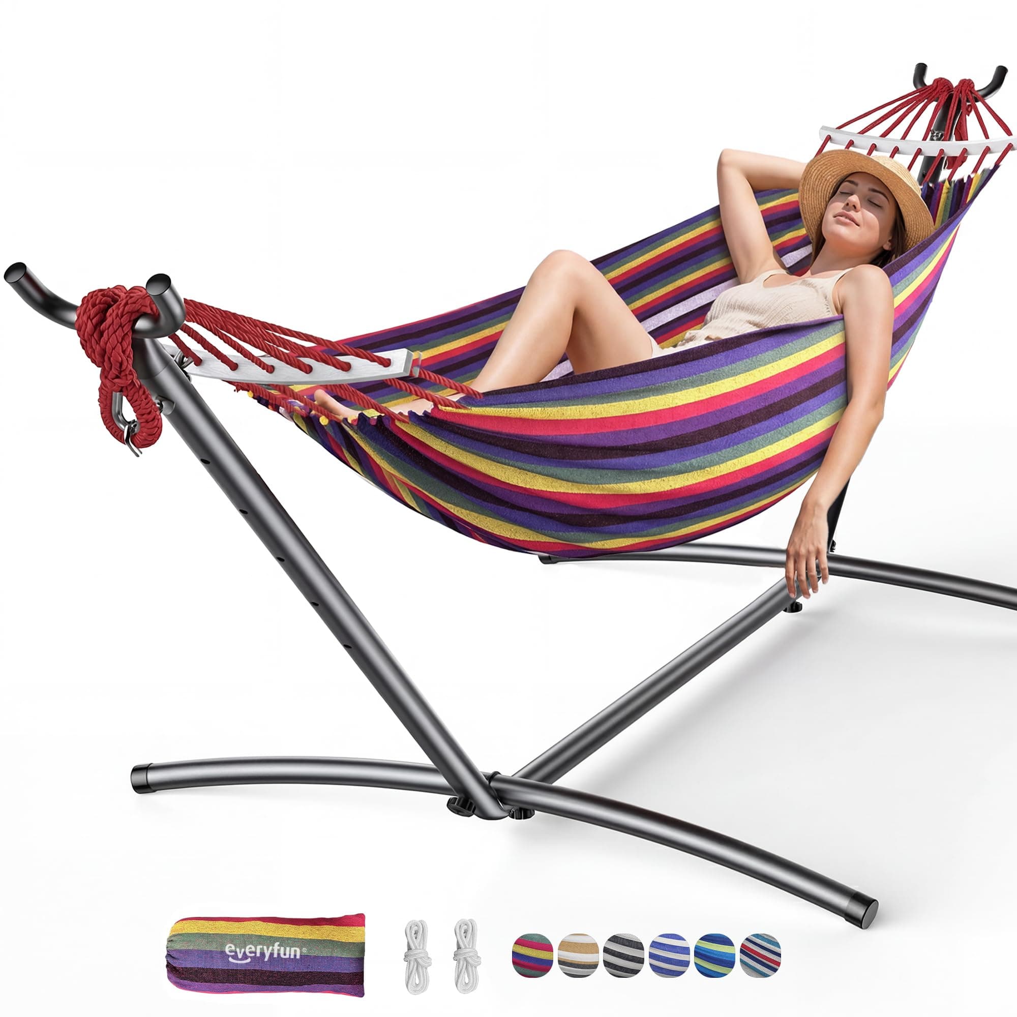 Everyfun Double Hammock with Stand, 2 Person Heavy Duty Hammock with Steel Stand, 600 lbs Capacity Cotton Hammock for Outdoor Indoor Patio Yard, Portable with Carrying Bag, Tool-Free 10-Min Assembly