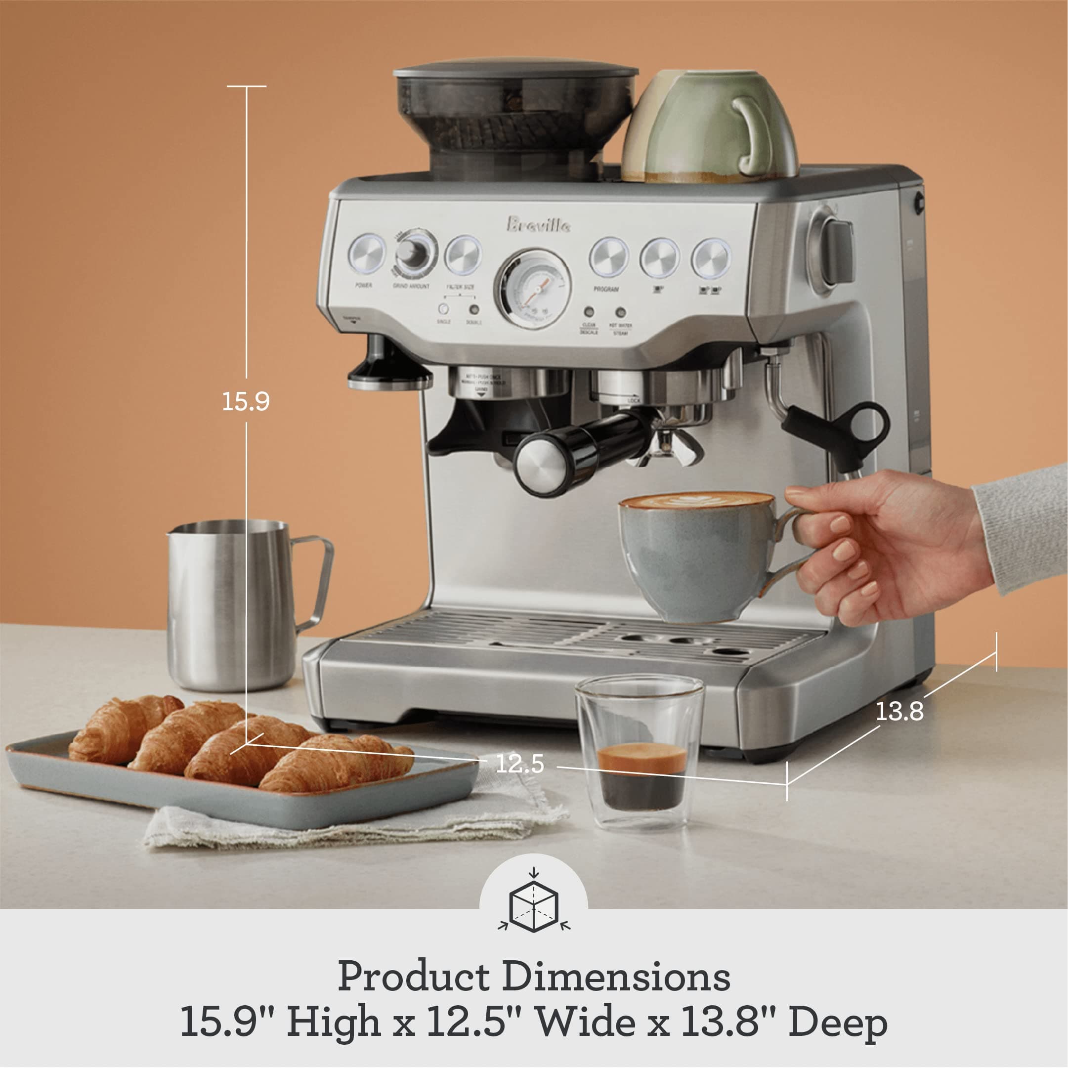 Breville BES870XL Barista Express Espresso Machine, Brushed Stainless Steel, view 3