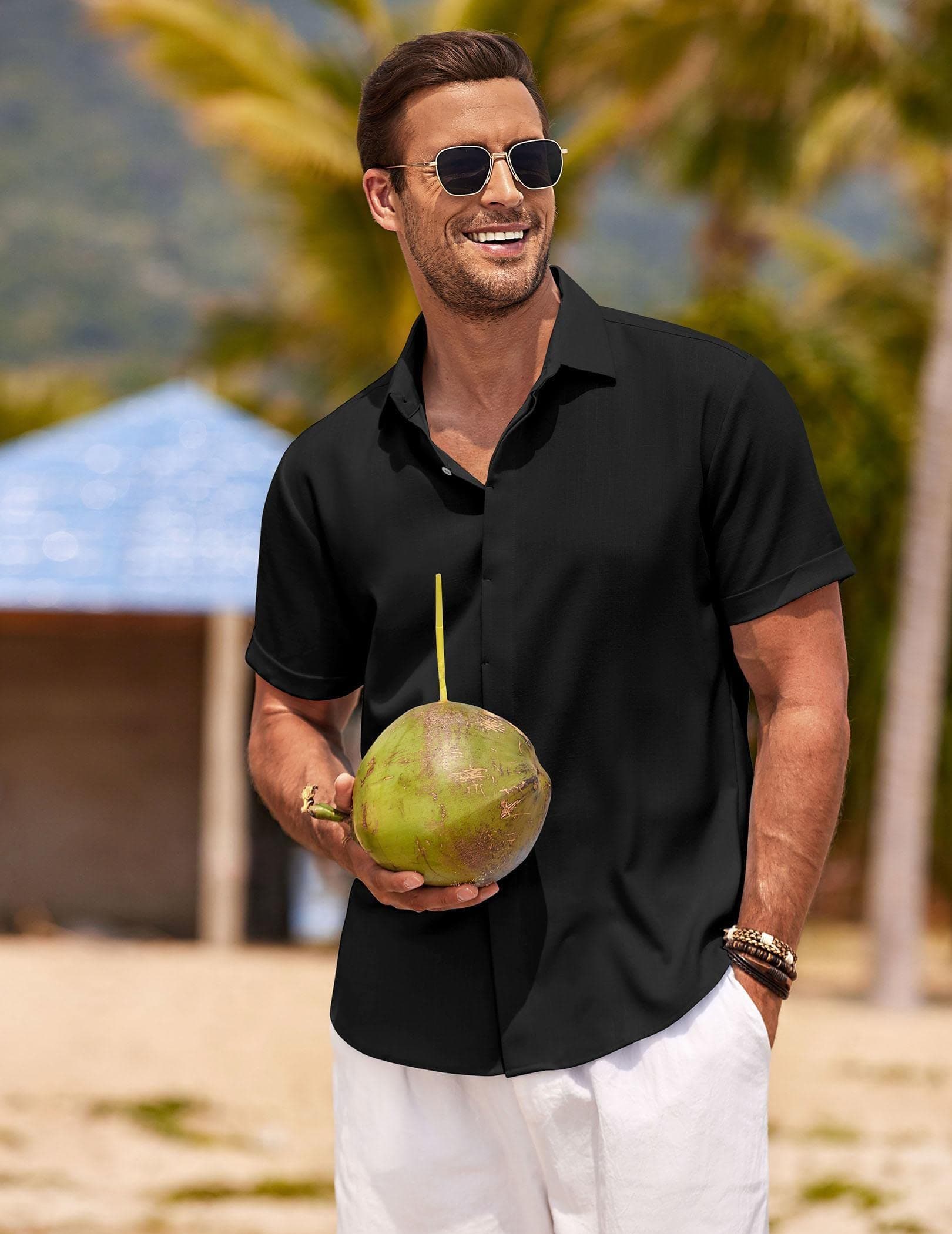 COOFANDY Men's Linen Shirts Short Sleeve Casual Shirts Button Down Shirt for Men Beach Summer Wedding Shirt Black, view 5