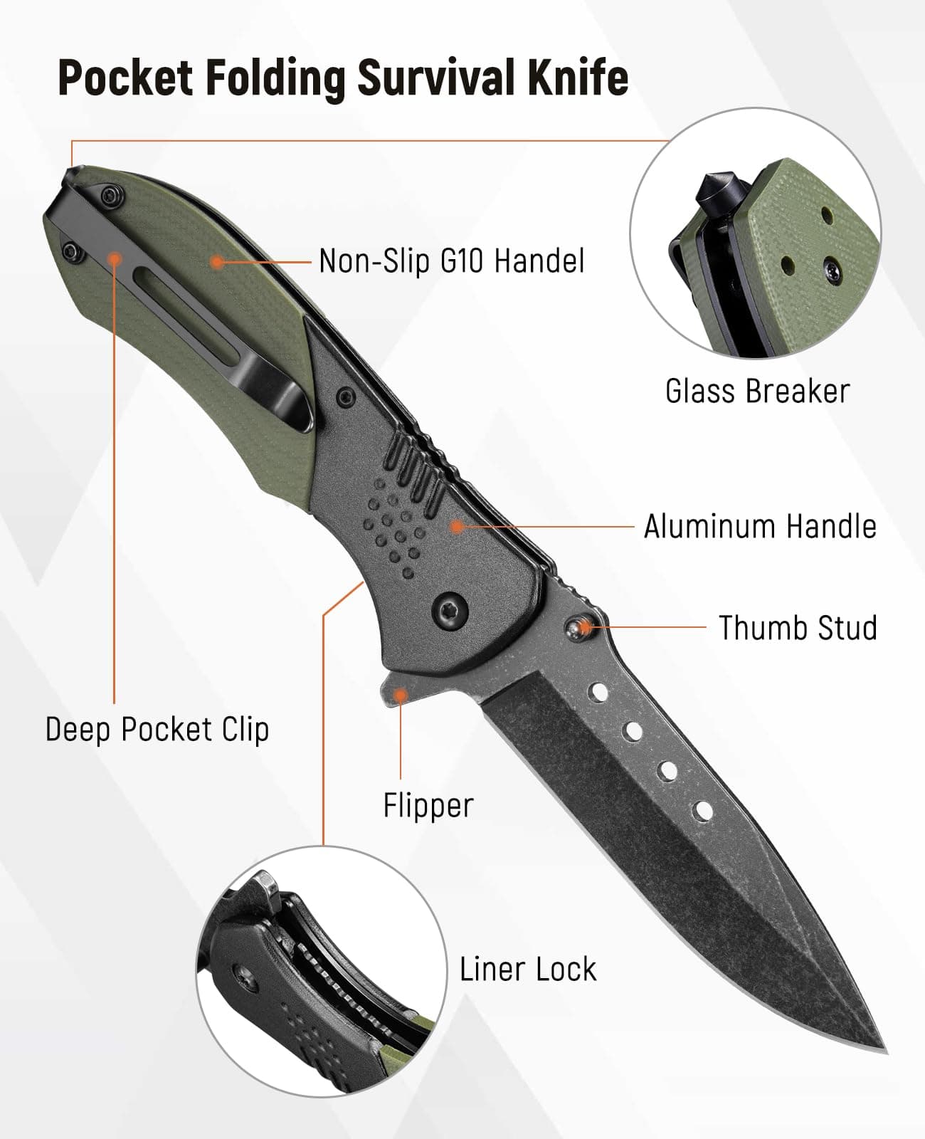KEXMO Folding Pocket Knife with 3.46" D2 Steel Black Stone Wash Blade and G10 Handle Small Camping Knife for Men Women EDC Outdoor Survival Fishing, Green, view 4