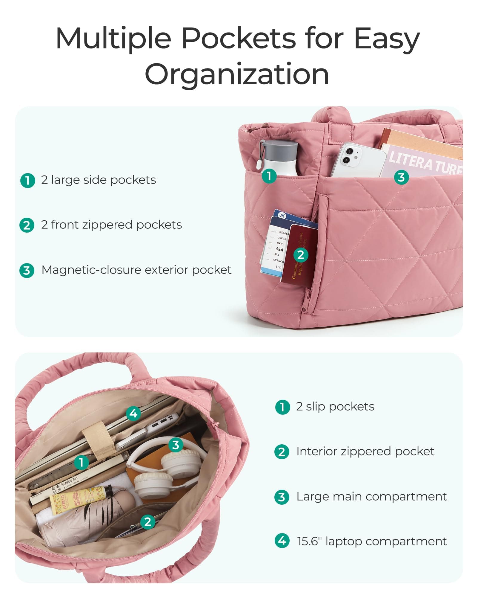 BAGSMART Tote Bag for Women, Puffy Tote Bag with Zipper, Large Quilted Shoulder Bag with Compartments for Travel, Work, Gym (Dark Pink), view 4