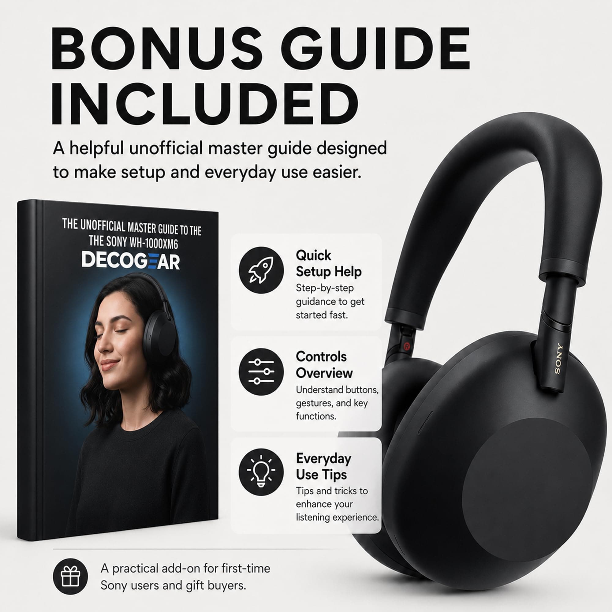 Sony WH-1000XM6 The Best Noise Canceling Wireless Headphones, HD NC Processor QN3, 12 Microphones, Adaptive NC Optimizer, Mastered by Engineers, Studio-Quality, 30-Hour Battery with Deco Guide Bundle, view 2