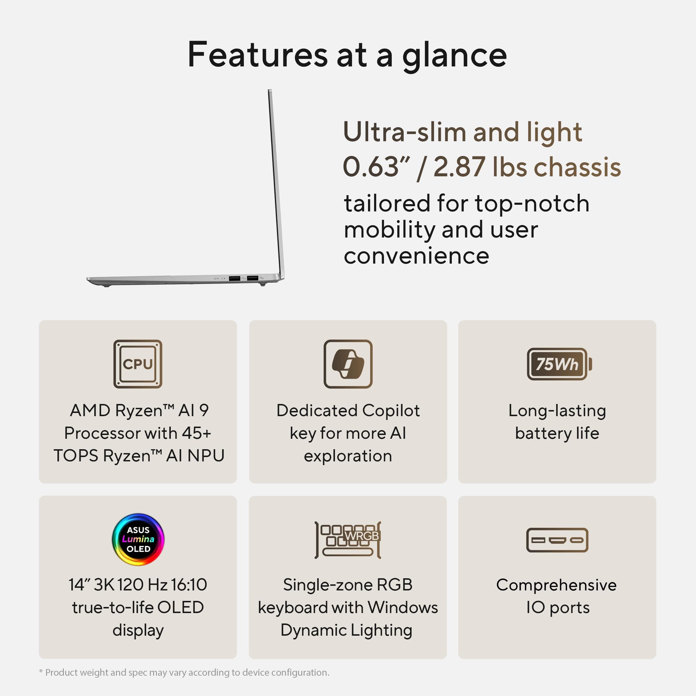 ASUS Vivobook S 14 OLED Slim Laptop, AMD Ryzen AI 9 365(10 Cores), 24GB, 1TB SSD, Customizable RGB Keyboard, Cool Silver, M5406WA-AH94, view 4