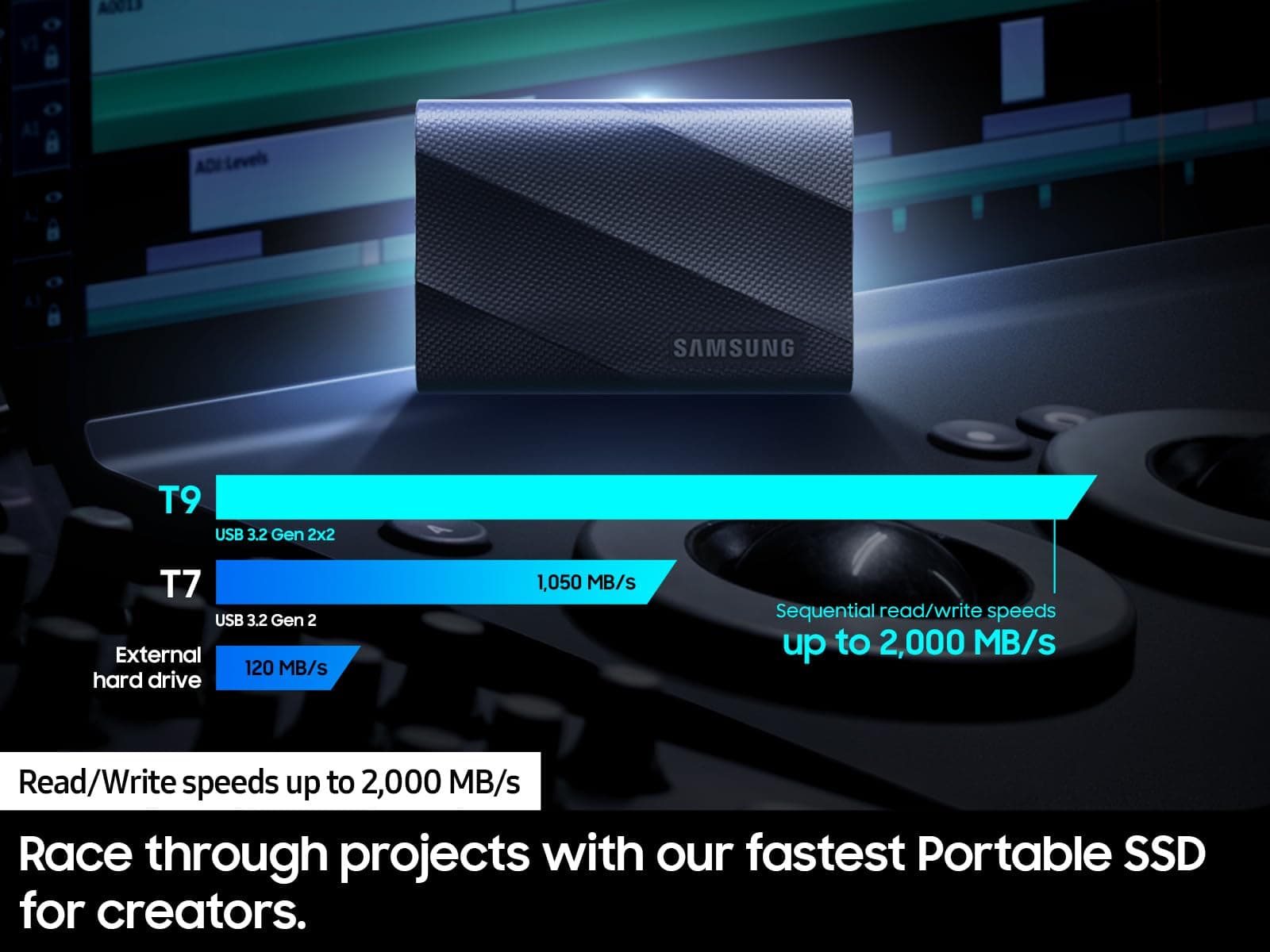 Samsung T9 Portable SSD 1TB, USB 3.2 Gen 2x2 External SSD, Up to 2,000 MB/s, view 3