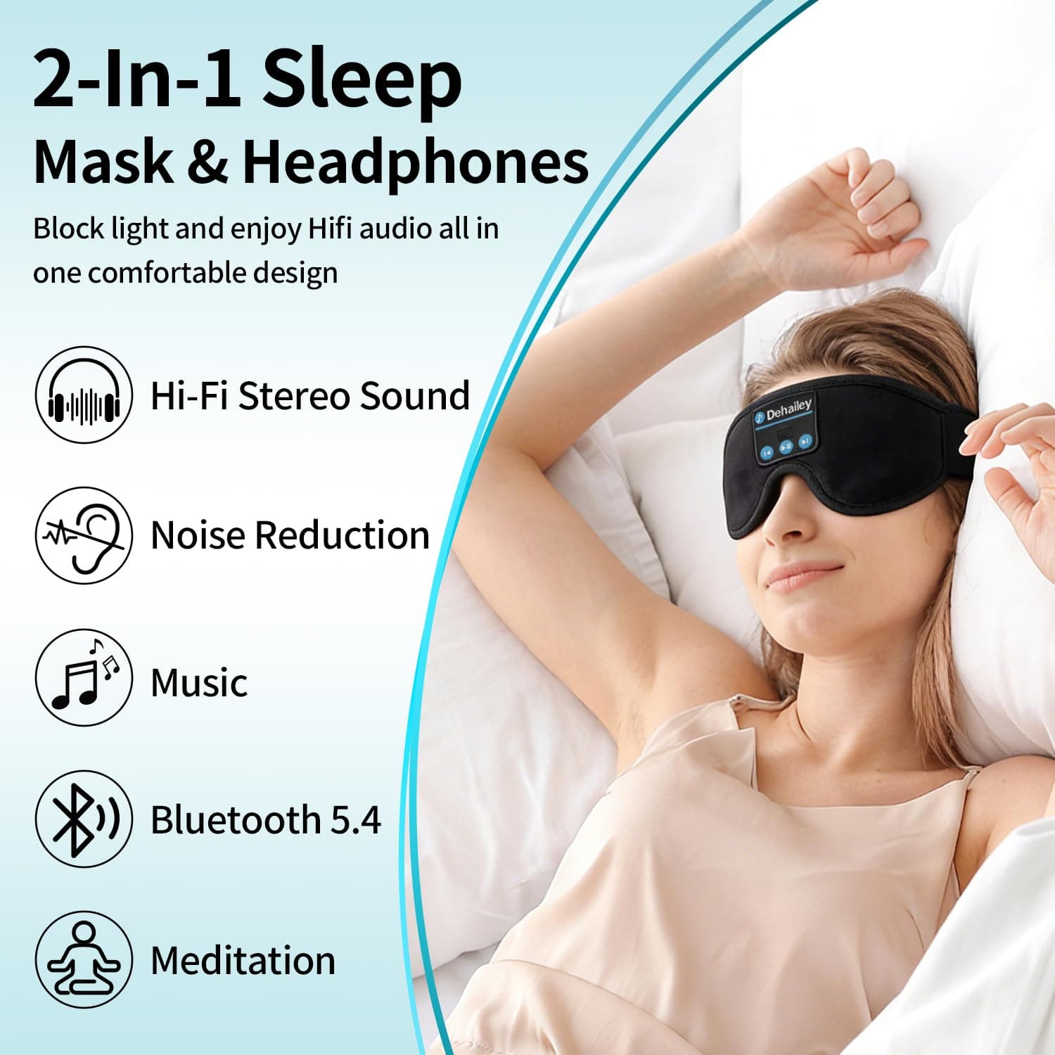 Dehailey Sleep Headphones, 3D Sleep Mask with Bluetooth Headphones, 100% Light Blocking Music Eye Mask, Sleeping Headphones for Side Sleepers Sleeping Mask Thin Stereo Speakers Perfect for Sleeping, view 6