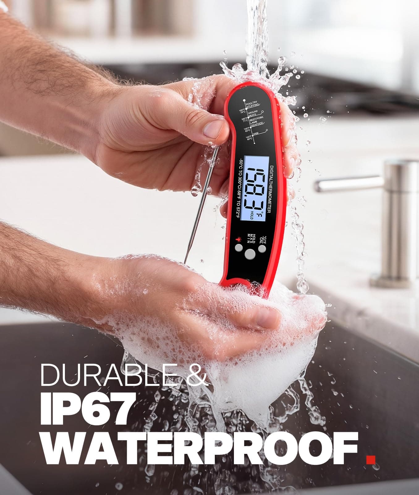 Meat Thermometer Digital – Instant Read Food Thermometer for Grilling, BBQ, Air Fryer, Smoker, Candy Making with Foldable Probe, Kitchen Gadgets, BBQ Essentials, Gift for Dad Men Husband Him, Red, view 5
