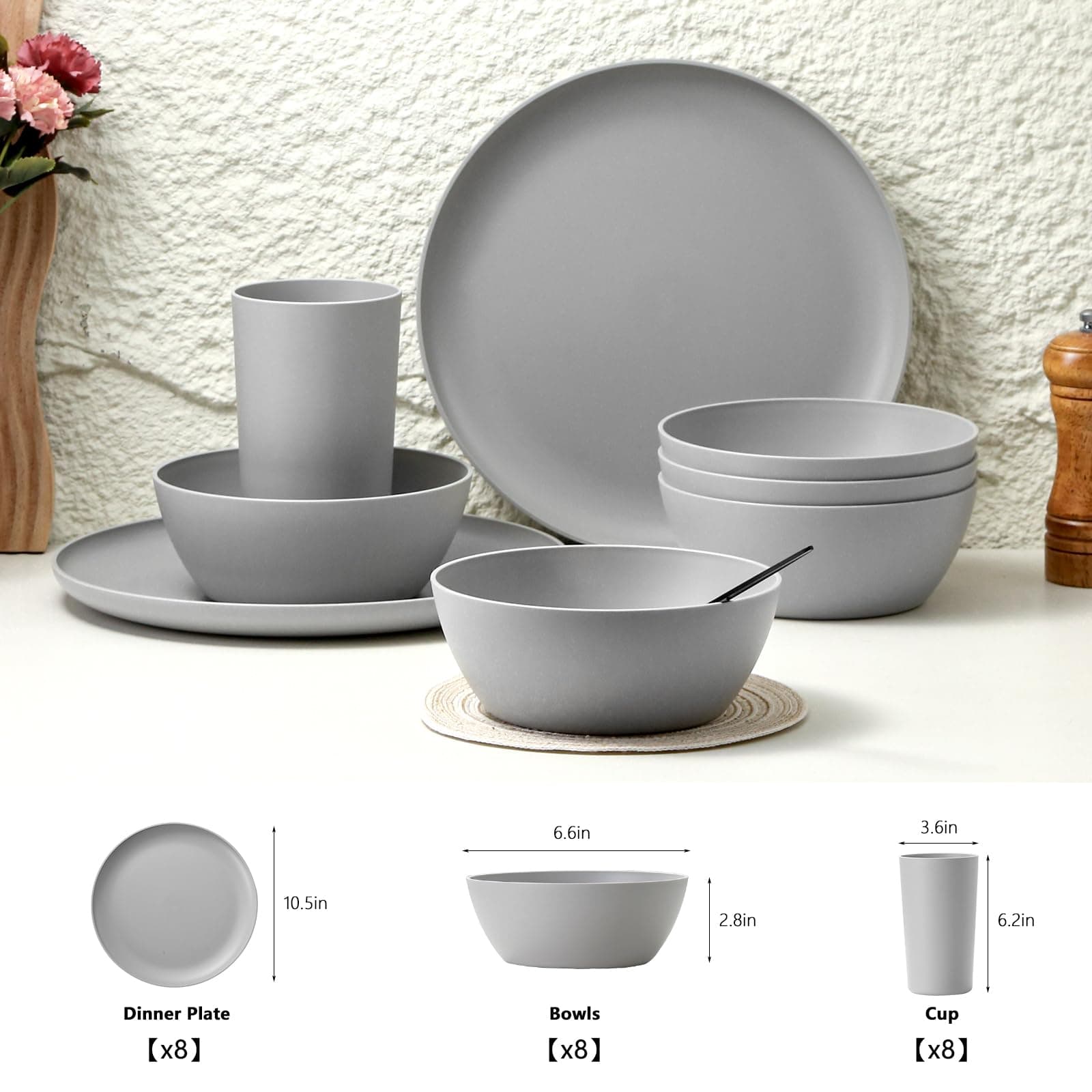 YARRGGU 24-Piece Dinnerware Set, Service for 8, Unbreakable Plates and Bowls Set, BPA-Free, Dishwasher Safe, Gray Tableware for Kitchen, Party and Picnic, view 2