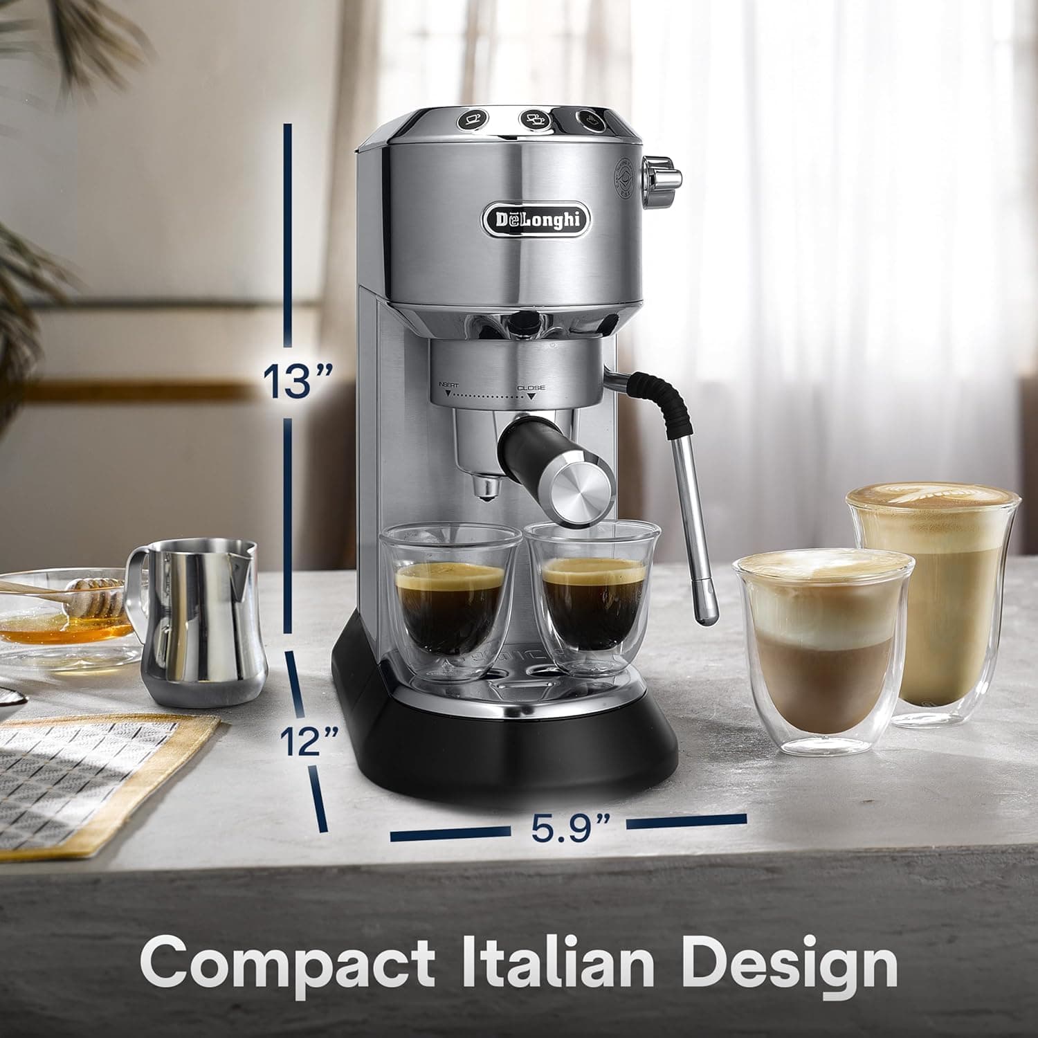 De’Longhi Dedica Arte Espresso Machine with My LatteArt Steam Wand (Milk Frother), 15-Bar Pump & 3-Level Temp Control - Compact Espresso Maker for Latte & Cappuccino - Italian Stainless Steel Design, view 6
