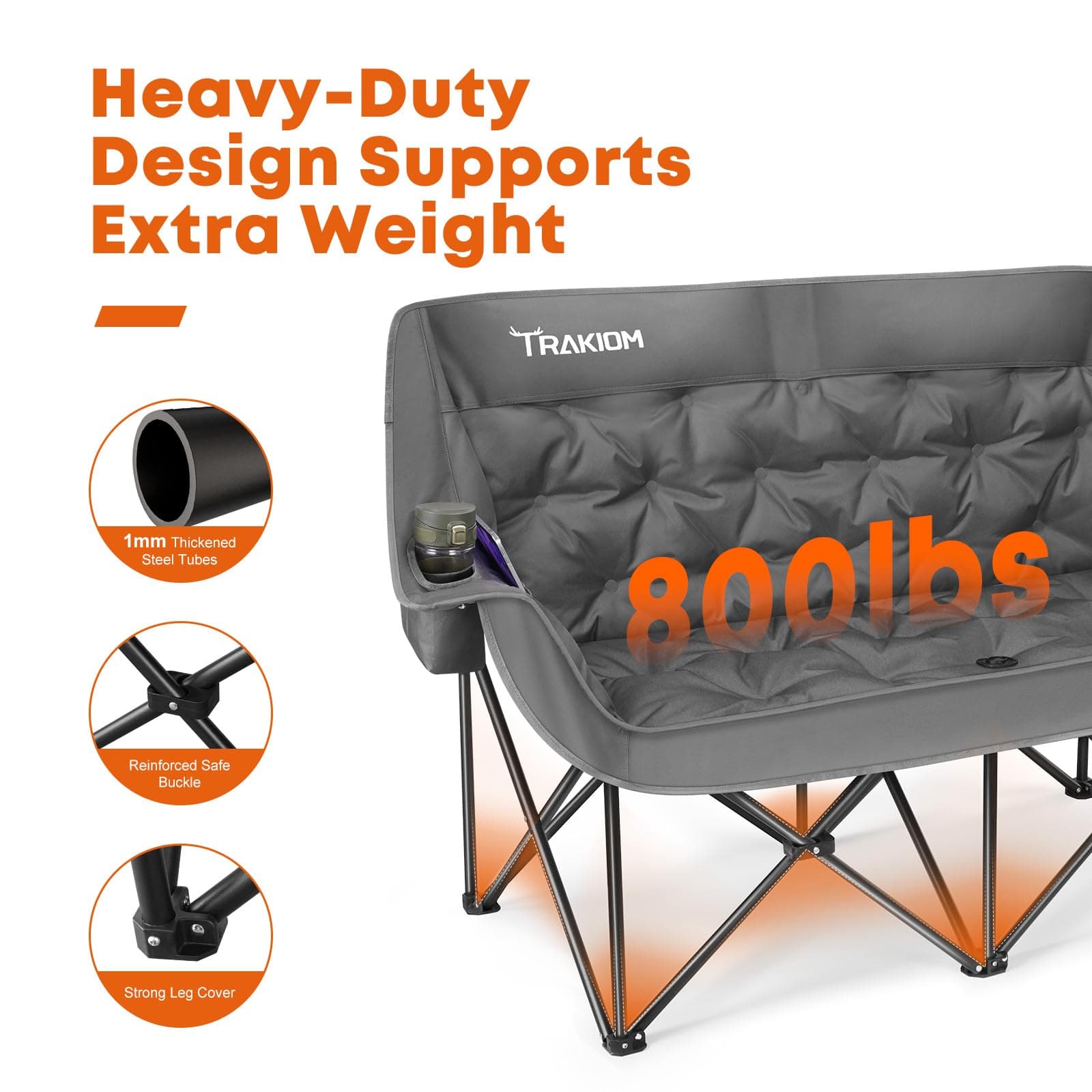 Trakiom Double Camping Chair, Oversized with Cup Holders, Grey, view 2