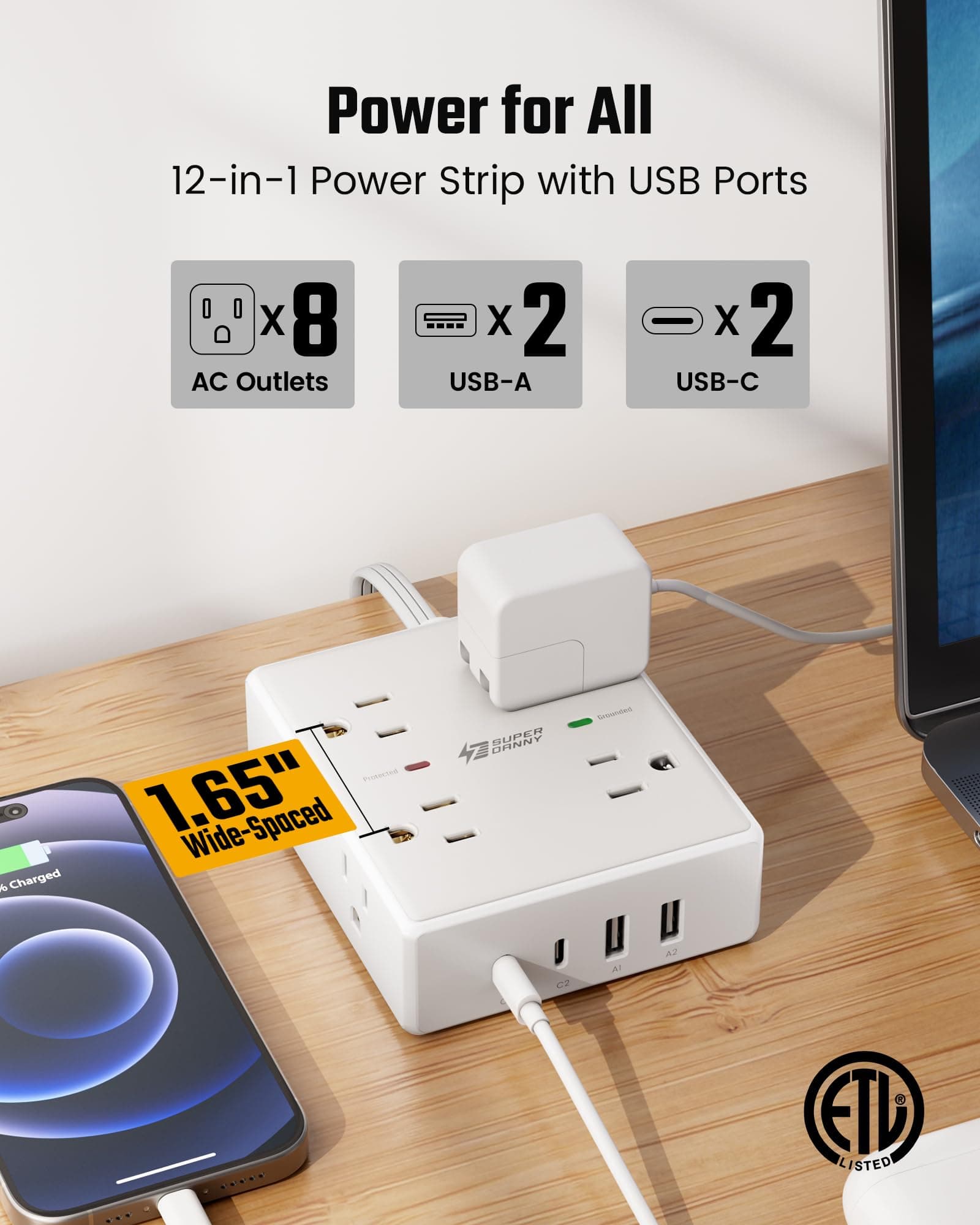SUPERDANNY Extension Cord,Flat Plug Surge Protector Power Strip,10Ft, view 3