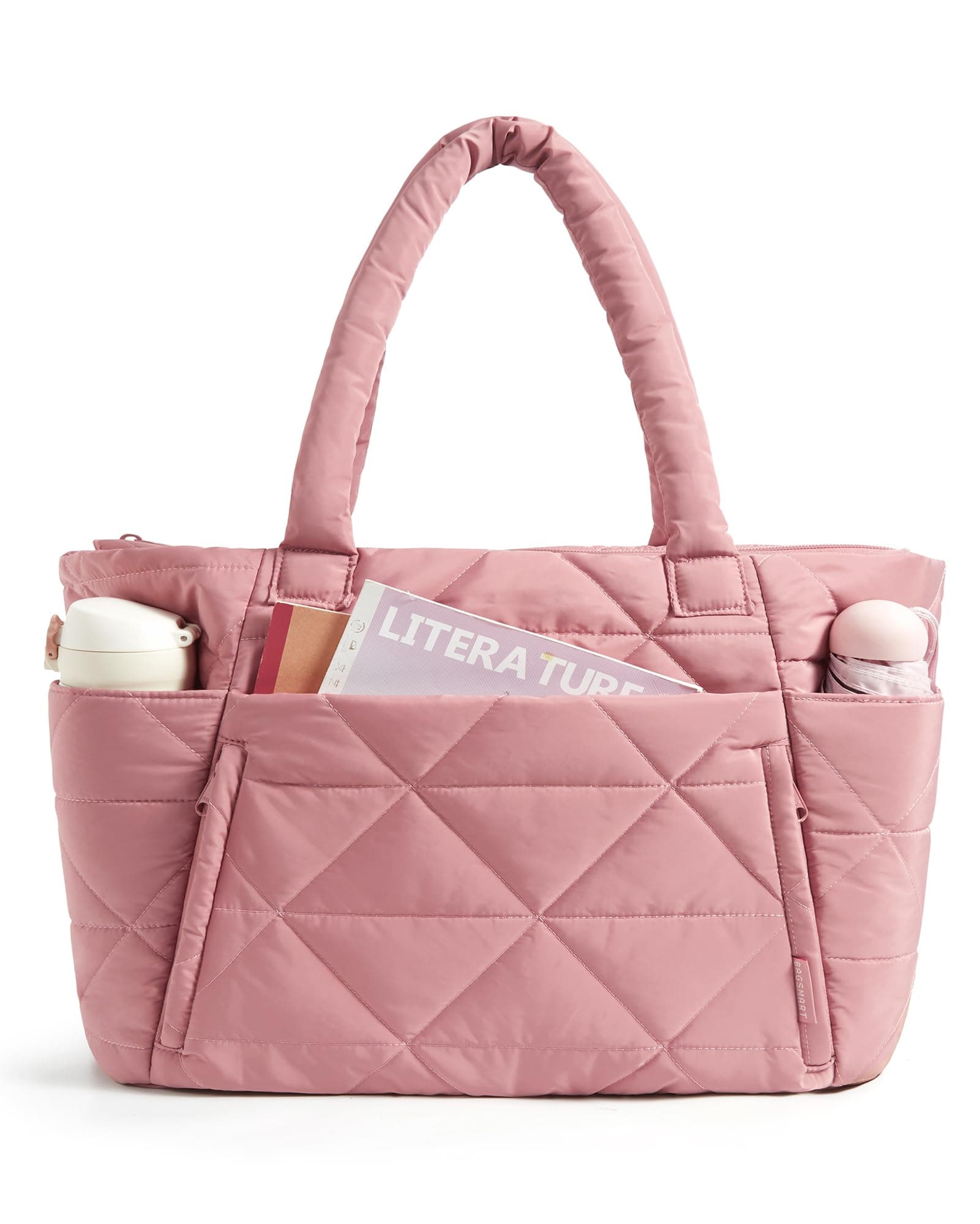 BAGSMART Tote Bag for Women, Puffy Tote Bag with Zipper, Large Quilted Shoulder Bag with Compartments for Travel, Work, Gym (Dark Pink)