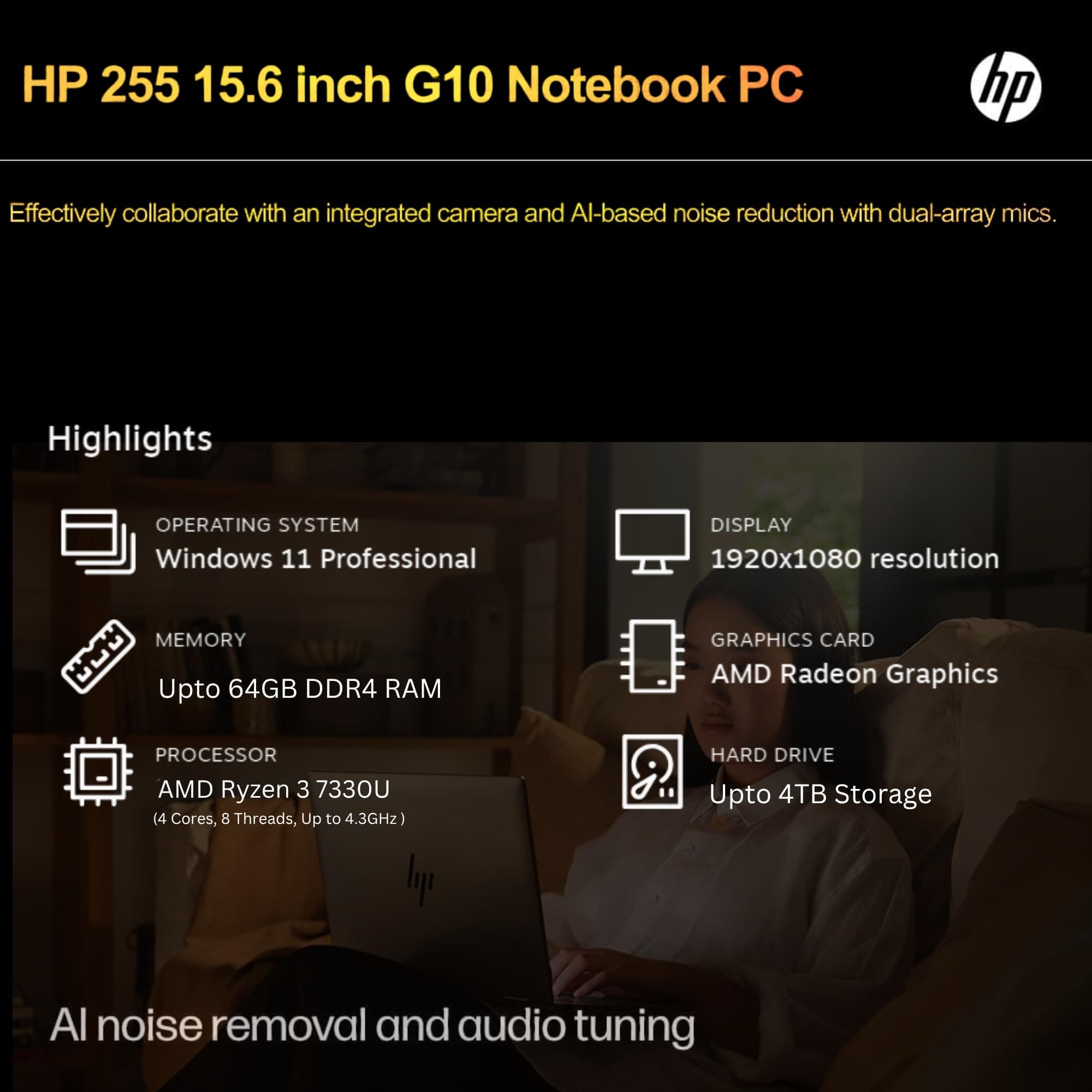 HP 255 G10 Laptop, 16GB RAM, 256GB SSD, Ryzen 3 7330U, 15.6" Full HD ASIN, view 2