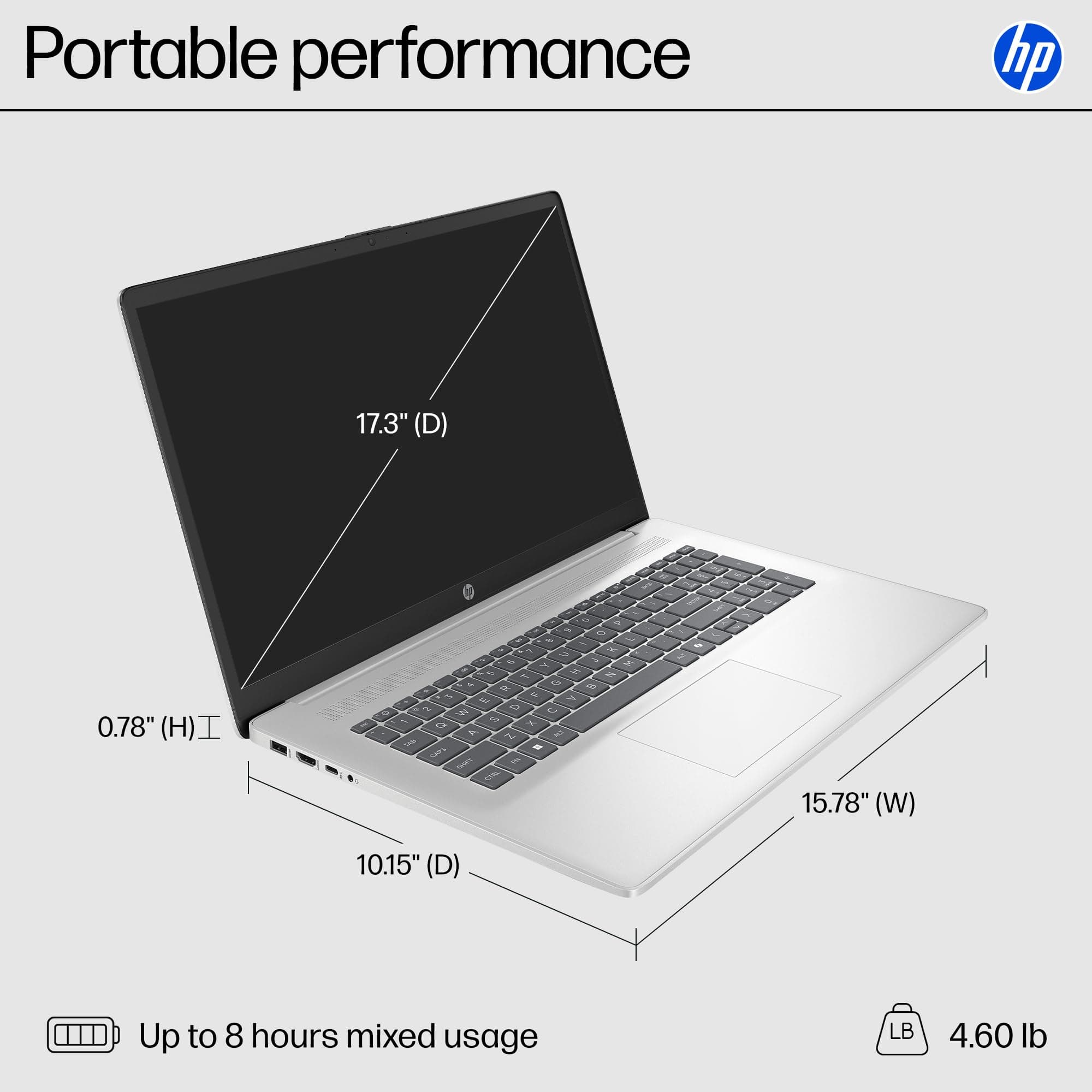 HP 17.3 inch Laptop, FHD Display, Intel Core i5-1334U, 16 GB RAM, 512 GB SSD, Intel Iris Xe Graphics, Windows 11 Home, Natural Silver, 17-cn3399nr, view 5