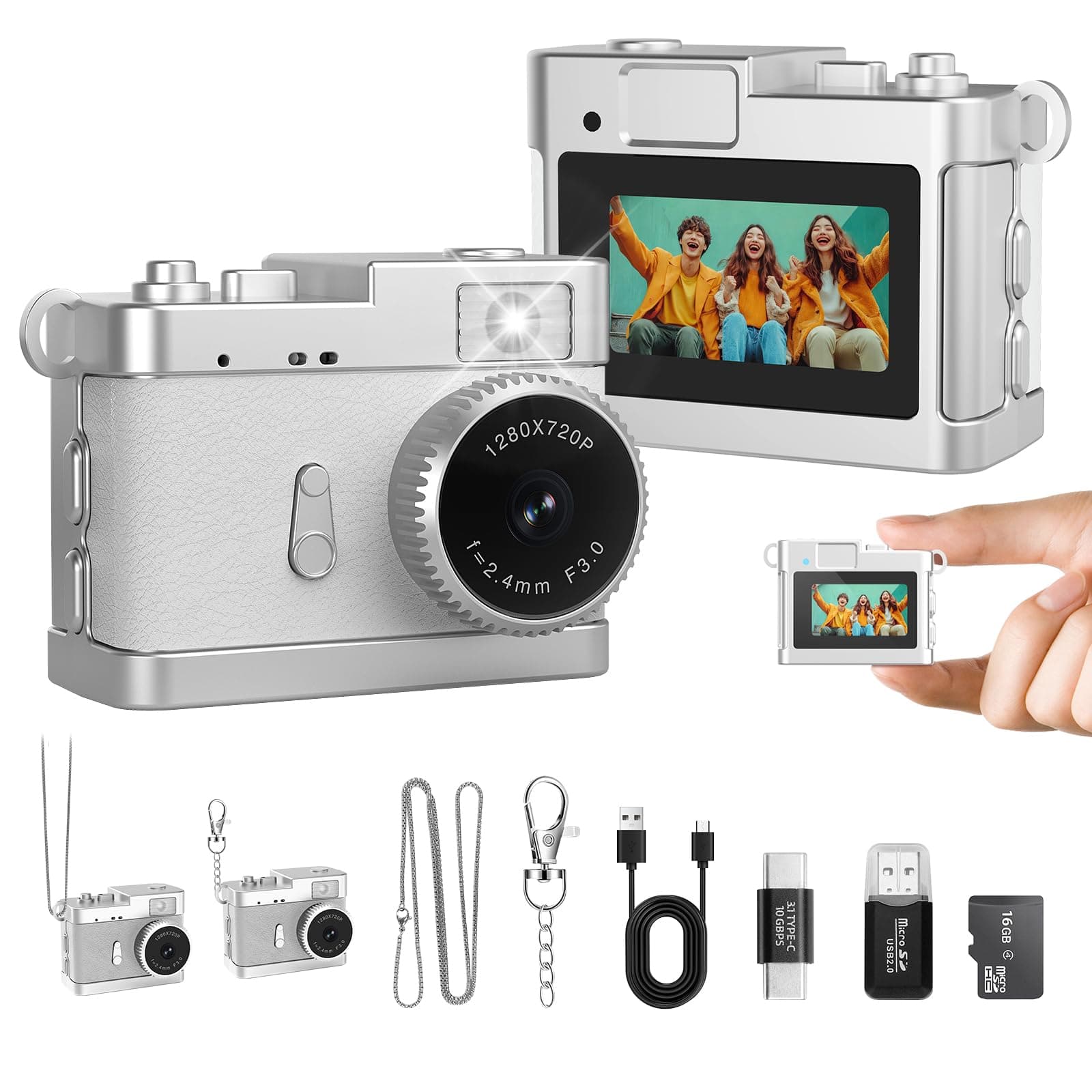 Keychain Camera, 16GB Mini Digital Camera with Built-in Flash & Retro Filters, 2MP Pocket Mini Camera with Video Recorder for Travel, Party, Vlog, Bag Charm, Birthday Gifts for Kids & Friends (White)