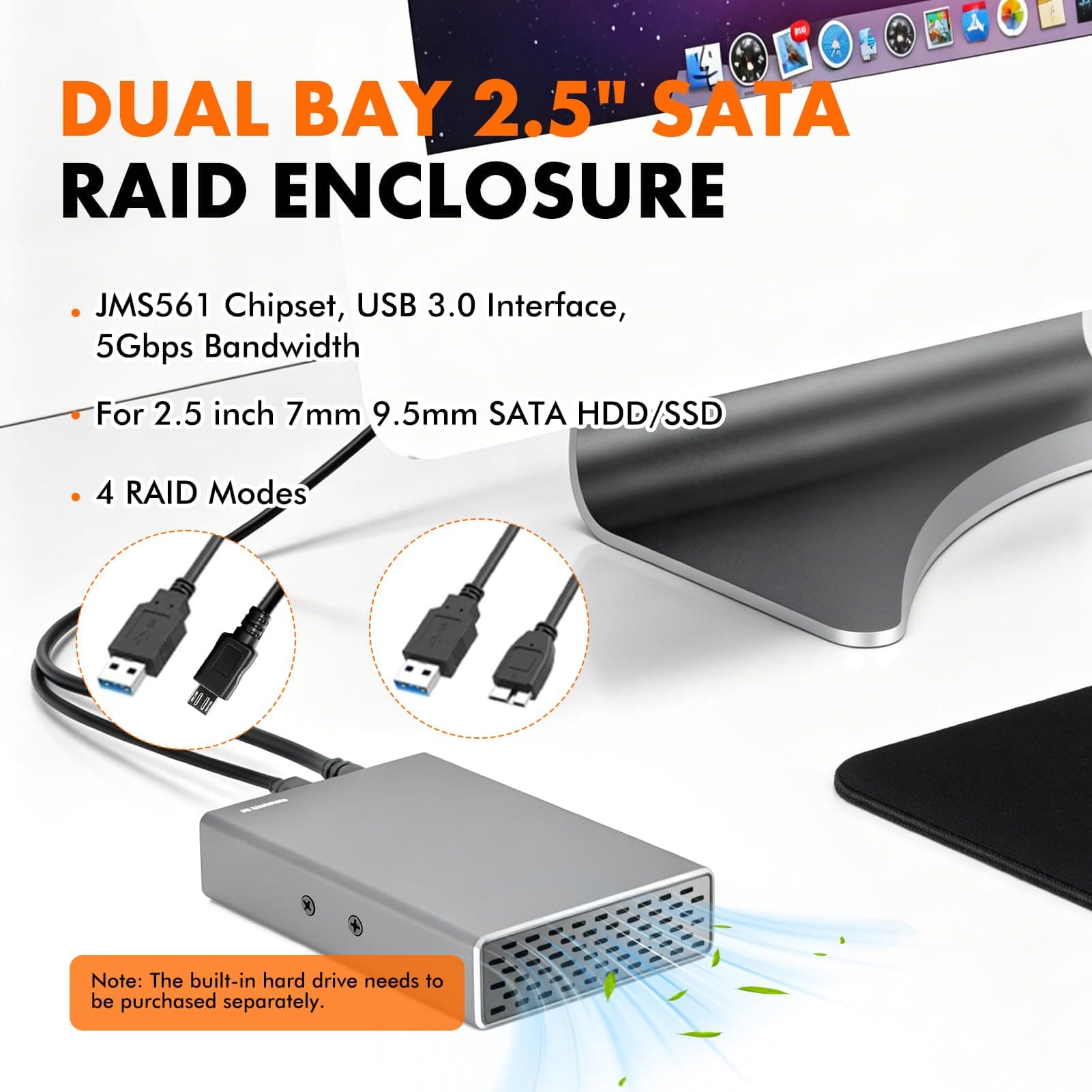 Ticfox 2 Bay RAID Enclosure for 2.5" SATA SSDs and HDDs, USB 3.0 Gen 2 5Gbps with UASP, RAID 0/1/JBOD/PM, 12TB Capacity, External Aluminum Hard Drive Enclosure, view 2